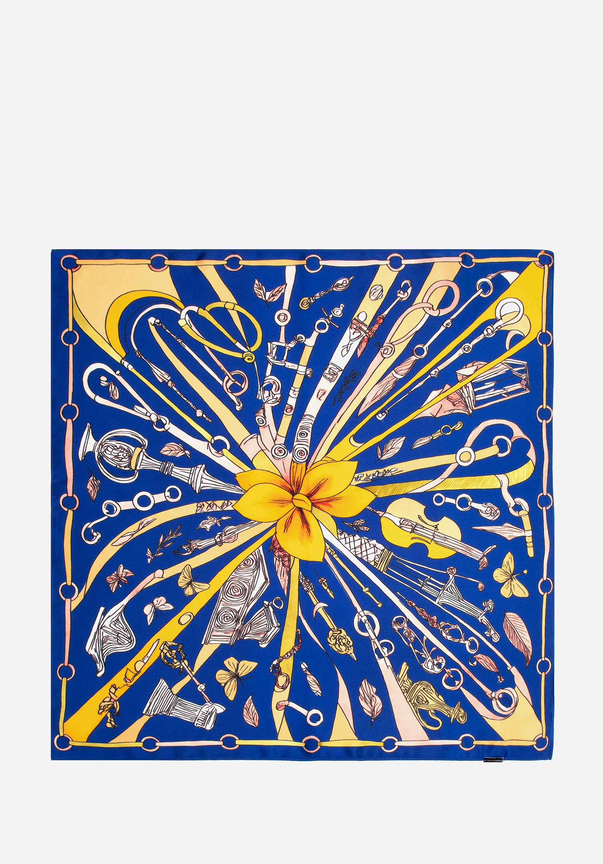 Seidenschal für Damen mit dekorativem Aufdruck, dunkelblau-gelb, 103-7D-S01-X12, Bild 1