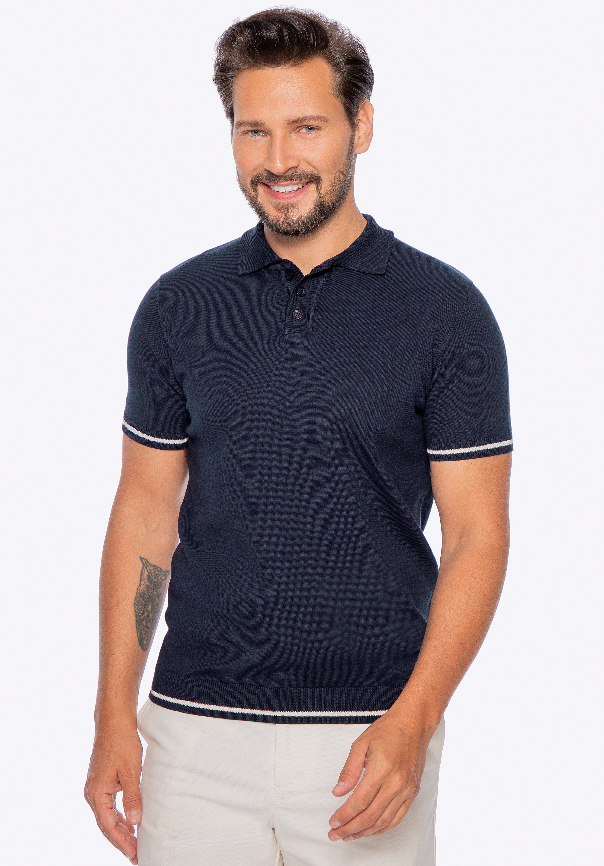 Herren-Poloshirt aus Baumwolle mit kontrastierendem Besatz, dunkelblau, M0-99-107-N-S, Bild 1