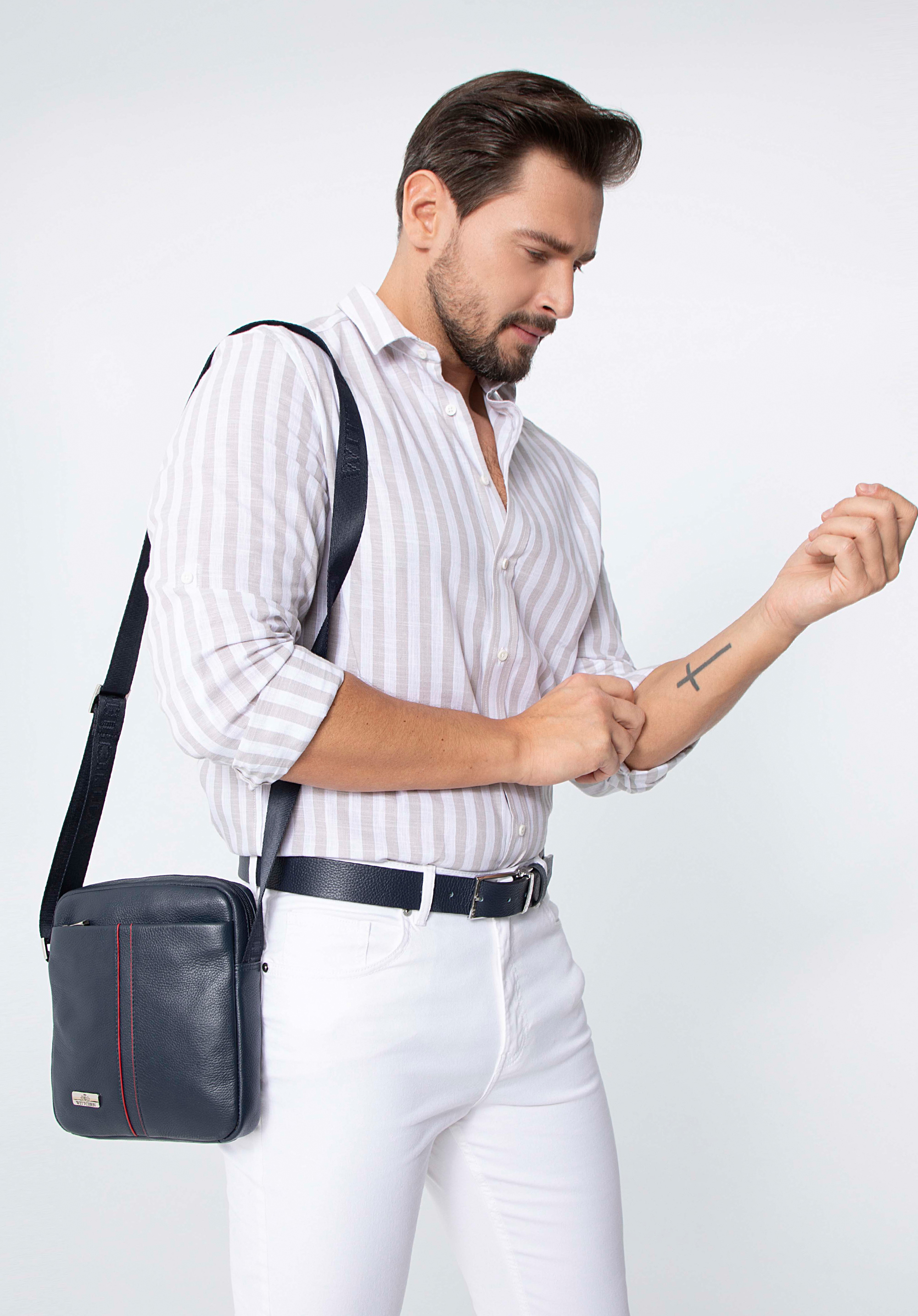 Herren-Umhängetasche aus Leder mit Mittelnaht, dunkelblau, 98-4U-900-7, Bild 1