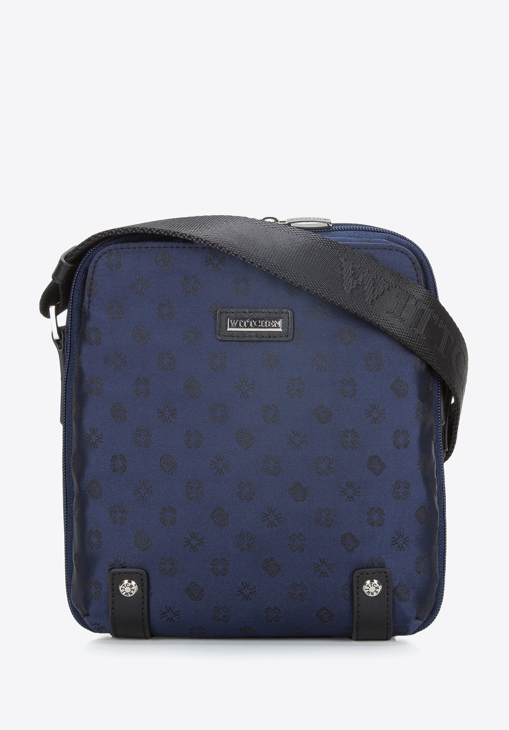 Jacquard-Umhängetasche für Damen mit Lederdetails, dunkelblau, 95-4-904-N, Bild 1