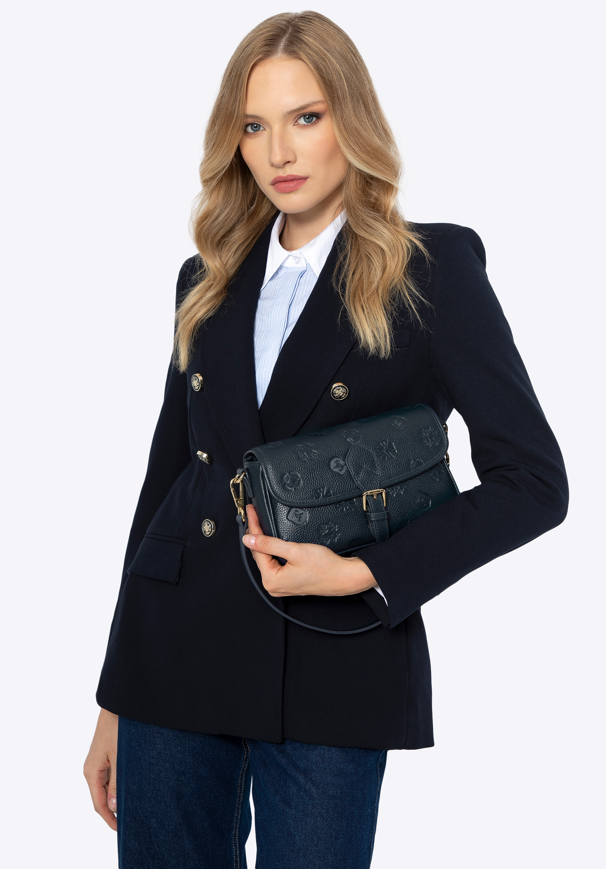 Kleine Damenhandtasche aus Leder mit Monogramm, dunkelblau, 99-4E-615-7, Bild 1
