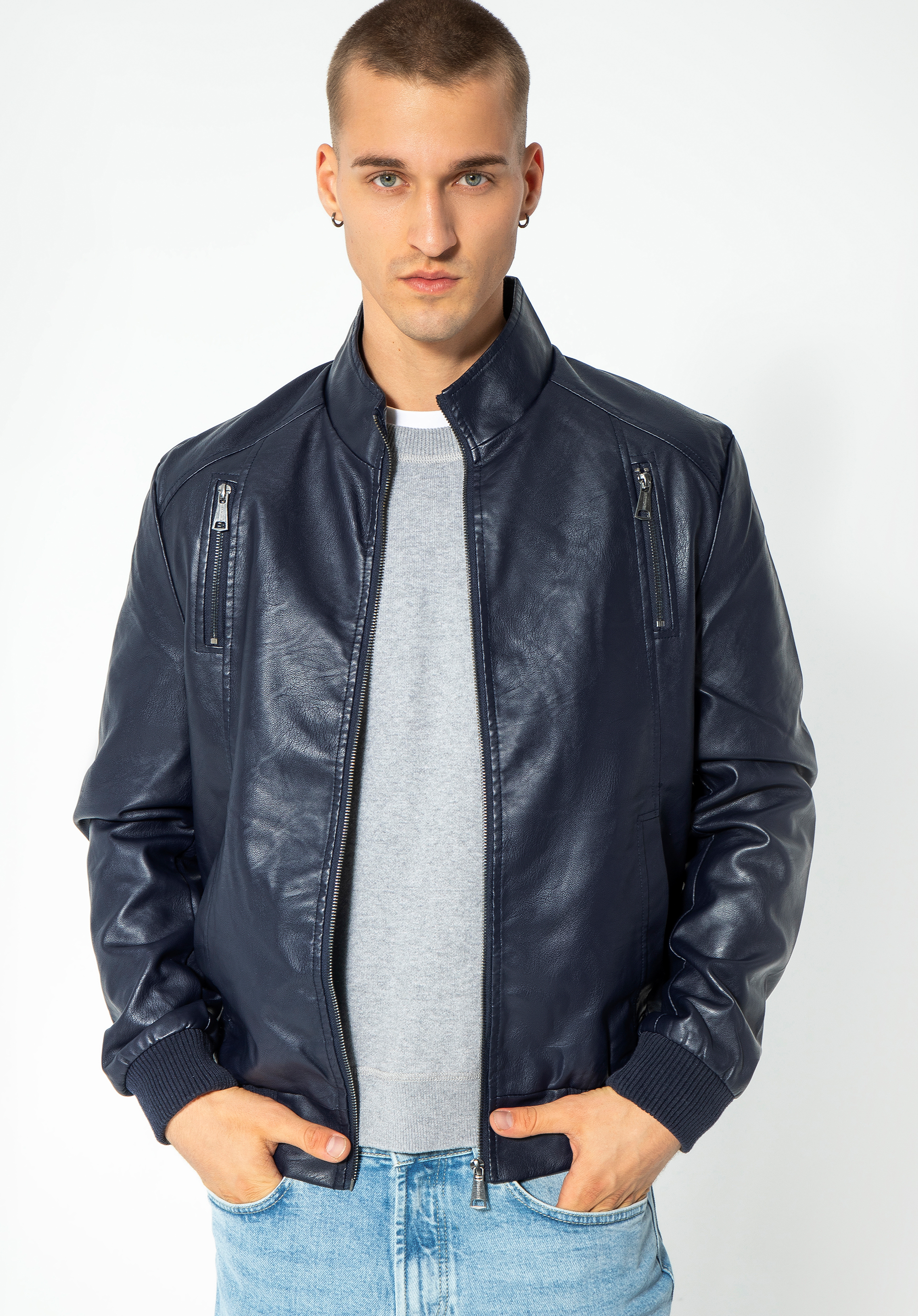Herrenjacke aus Öko-Leder mit Strickbündchen, dunkelblau, 96-9P-152-N-XL, Bild 1
