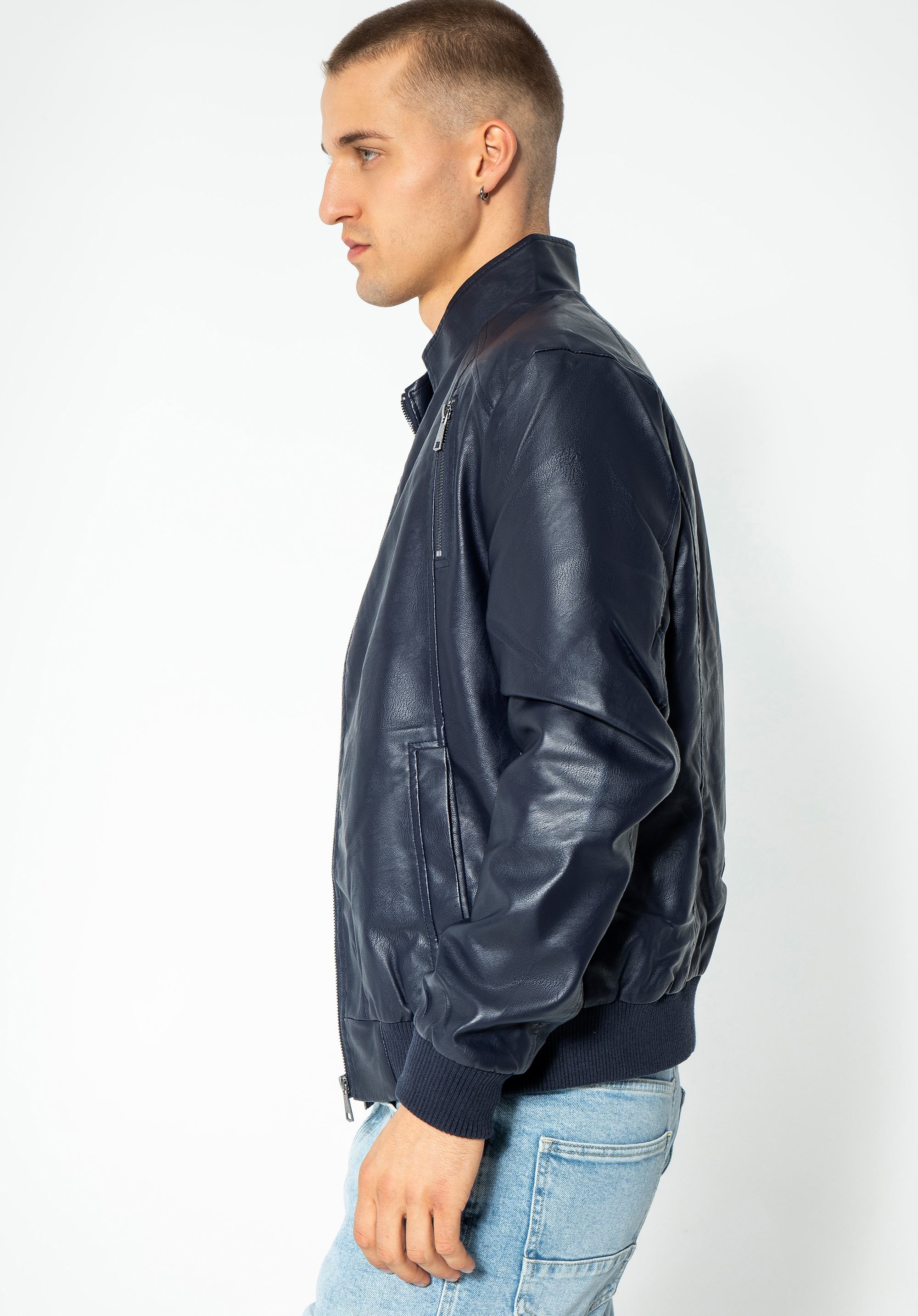 Herrenjacke aus Öko-Leder mit Strickbündchen, dunkelblau, 96-9P-152-N-XL, Bild 1