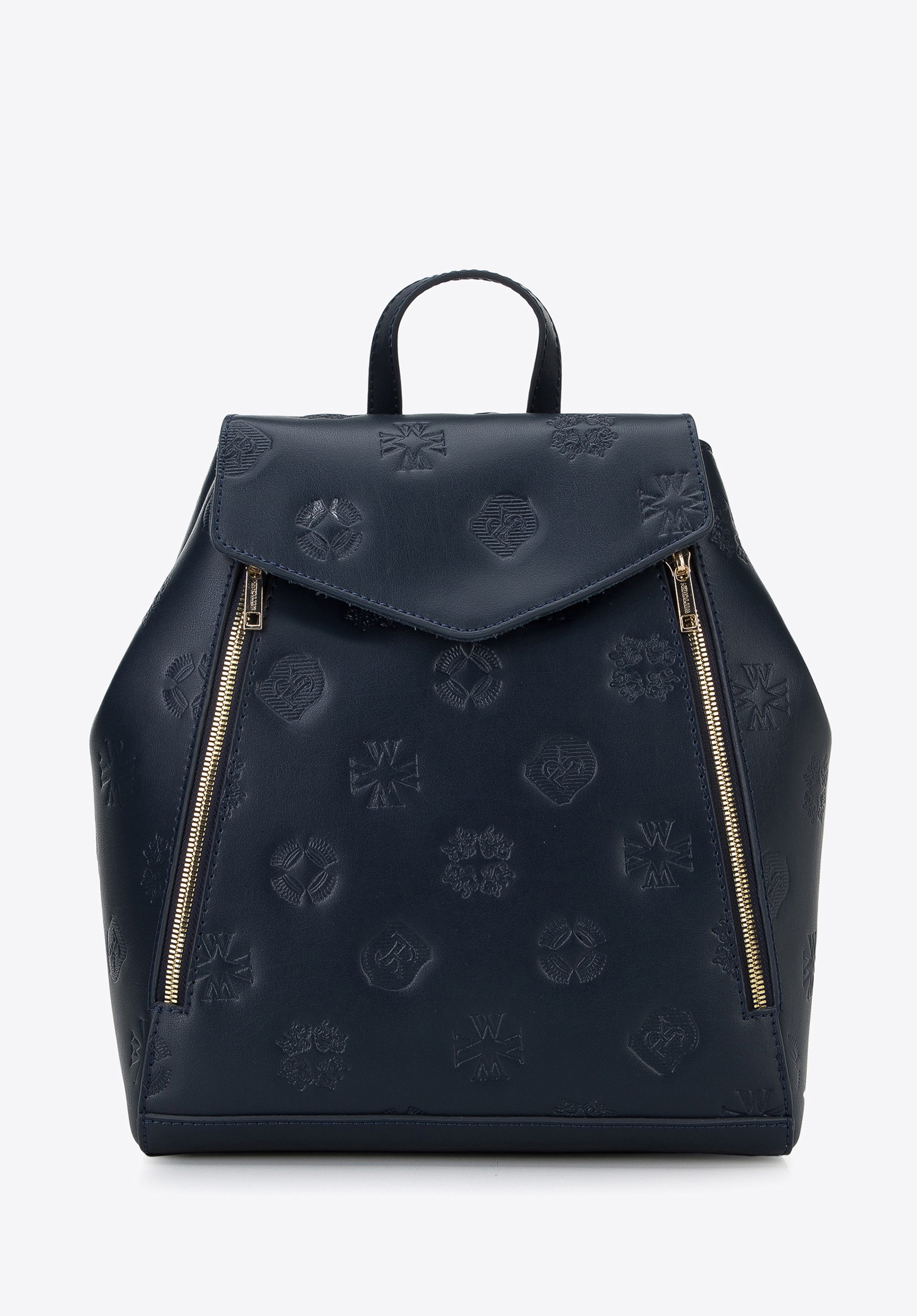 Damen-Rucksack aus Leder mit Monogramm und vertikalem Reißverschluss, dunkelblau, 96-4E-003-7, Bild 1