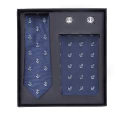 Set aus gemustertem Einstecktuch, Manschettenknöpfen und Krawatte, dunkelblau, 91-7Z-003-X2D, Bild 1