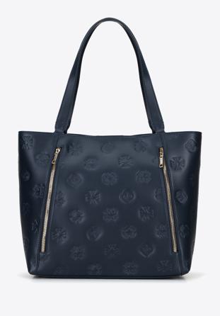 Shopper-Tasche aus Leder mit Monogramm und vertikalen Reißverschlüssen, dunkelblau, 96-4E-002-7, Bild 1