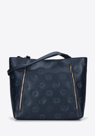 Shopper-Tasche aus Leder mit Monogramm und vertikalen Reißverschlüssen, dunkelblau, 96-4E-002-7, Bild 1