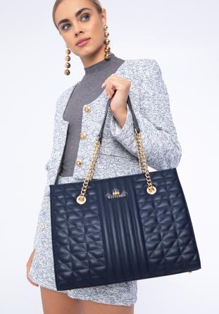 Shopper-Tasche aus gestepptem Leder an einer Kette, dunkelblau, 97-4E-629-N, Bild 1