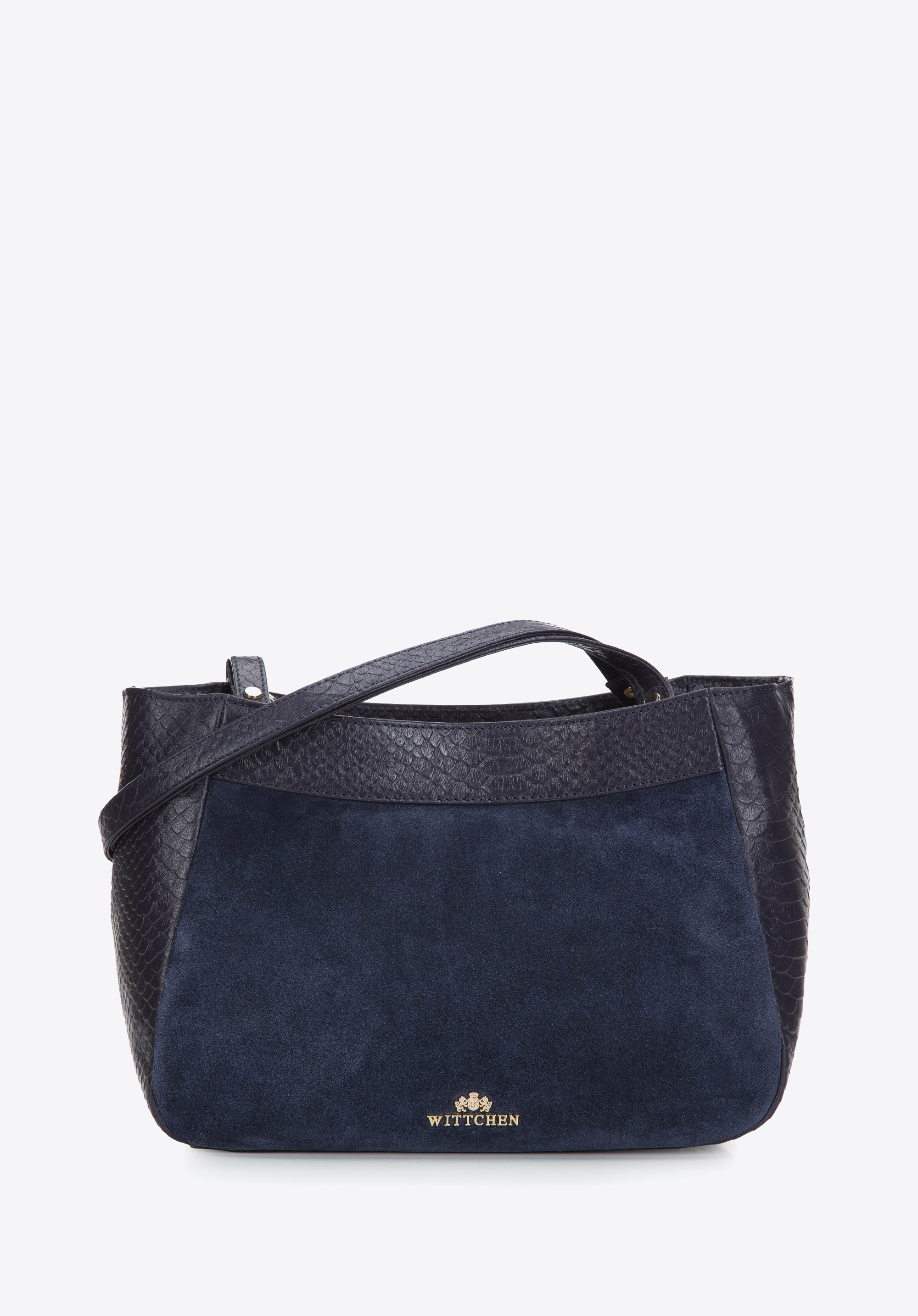 Shopper-Tasche aus zwei Lederarten, dunkelblau, 97-4E-003-7, Bild 1
