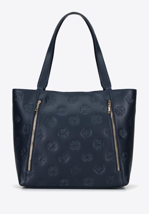Shopper-Tasche aus Leder mit Monogramm und vertikalen Reißverschlüssen, dunkelblau, 96-4E-002-9, Bild 1
