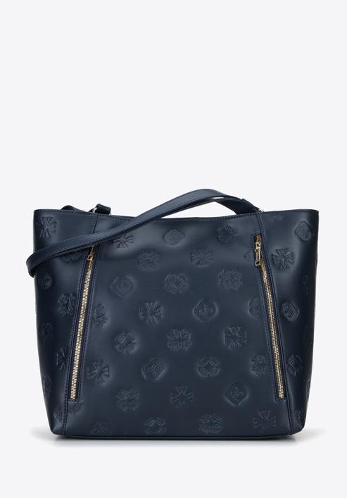 Shopper-Tasche aus Leder mit Monogramm und vertikalen Reißverschlüssen, dunkelblau, 96-4E-002-9, Bild 2