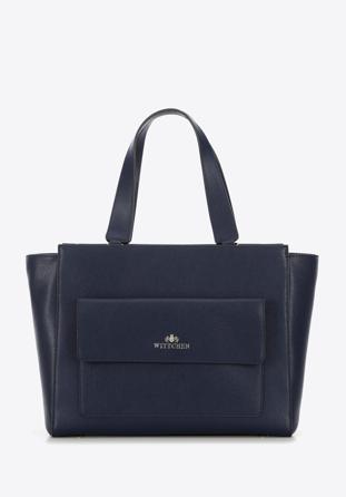 Shopper-Tasche aus Leder mit Vordertasche, dunkelblau, 95-4E-619-7, Bild 1