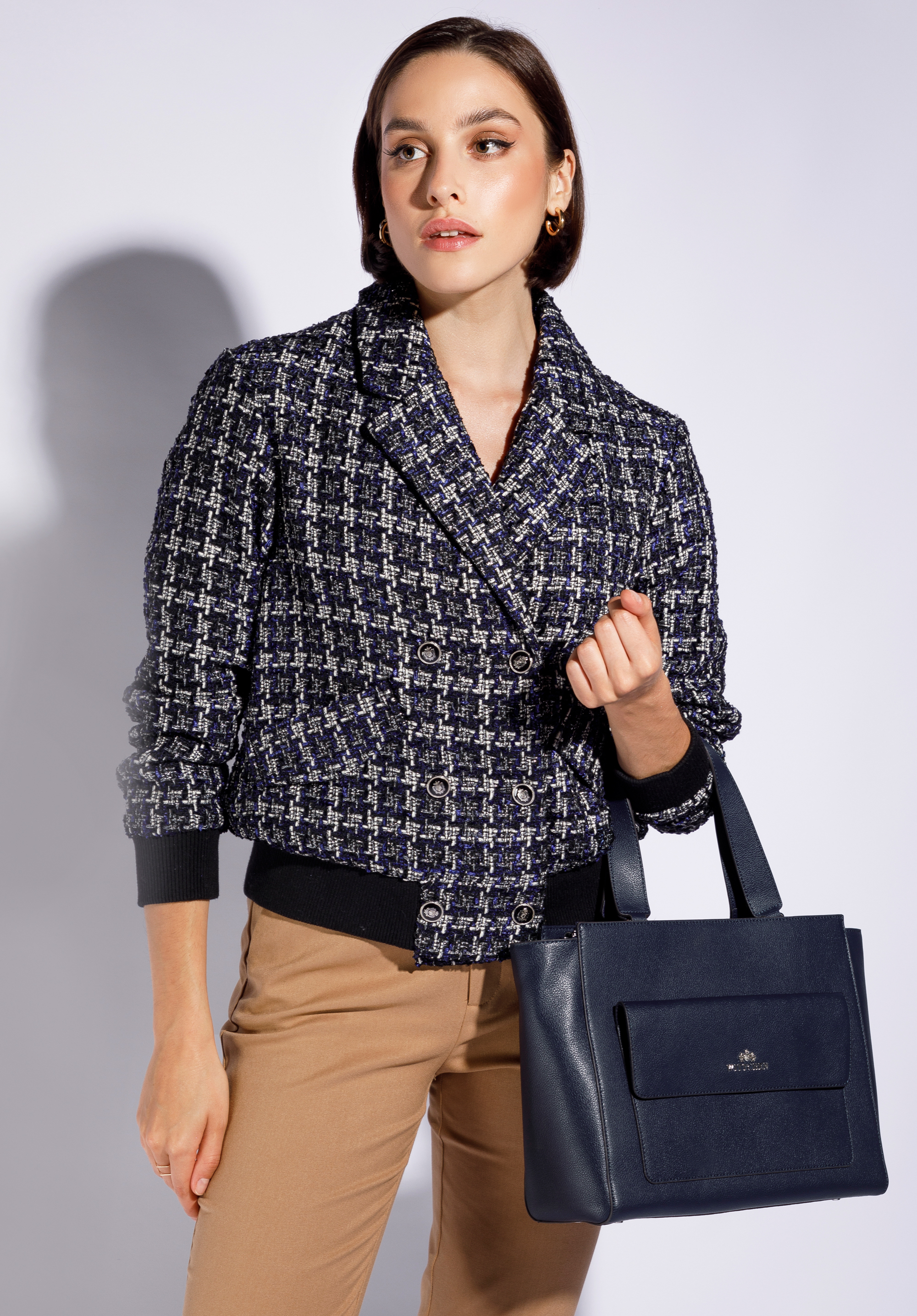 Shopper-Tasche aus Leder mit Vordertasche, dunkelblau, 95-4E-619-7, Bild 1