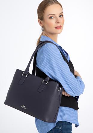Shopper-Tasche aus Leder mit zwei Fächern, dunkelblau, 97-4E-001-7, Bild 1