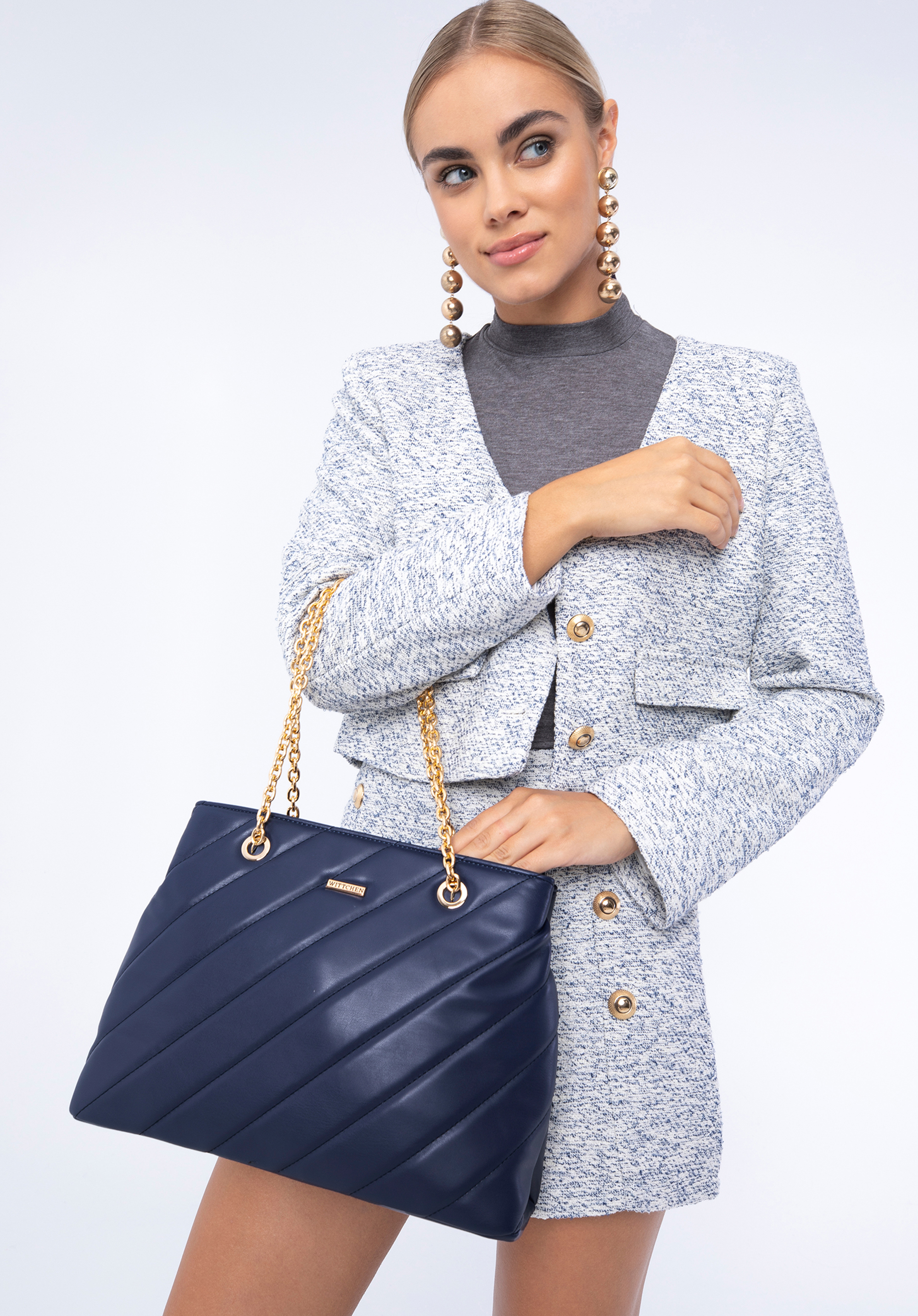 Shopper-Tasche mit diagonaler Kettensteppung, dunkelblau, 97-4Y-608-N, Bild 1