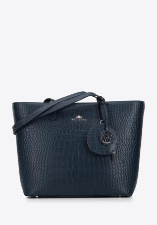 Shoppertasche aus Leder mit kleinem Anhänger und Schlüsselring, dunkelblau, 95-4E-613-N, Bild 1