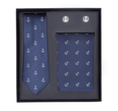 Set aus gemustertem Einstecktuch, Manschettenknöpfen und Krawatte, dunkelblau, 91-7Z-003-X3D, Bild 1