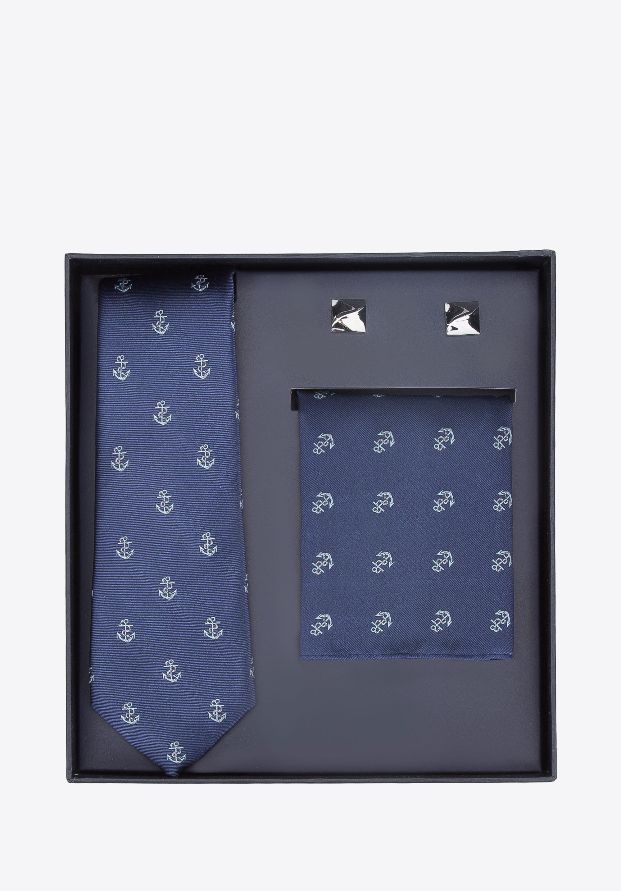 Set aus gemustertem Einstecktuch, Manschettenknöpfen und Krawatte, dunkelblau - silberfarbig, 91-7Z-003-X3D, Bild 1