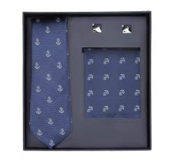 Set aus gemustertem Einstecktuch, Manschettenknöpfen und Krawatte, dunkelblau - silberfarbig, 91-7Z-003-X3D, Bild 1