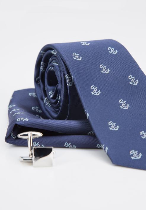 Set aus gemustertem Einstecktuch, Manschettenknöpfen und Krawatte, dunkelblau - silberfarbig, 91-7Z-003-X2D, Bild 6