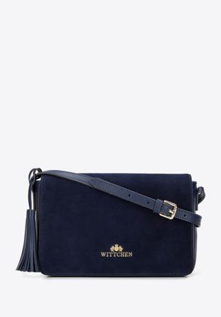 Überschlagtasche aus Leder für Damen mit Quastendetail, dunkelblau, 95-4E-624-7, Bild 1