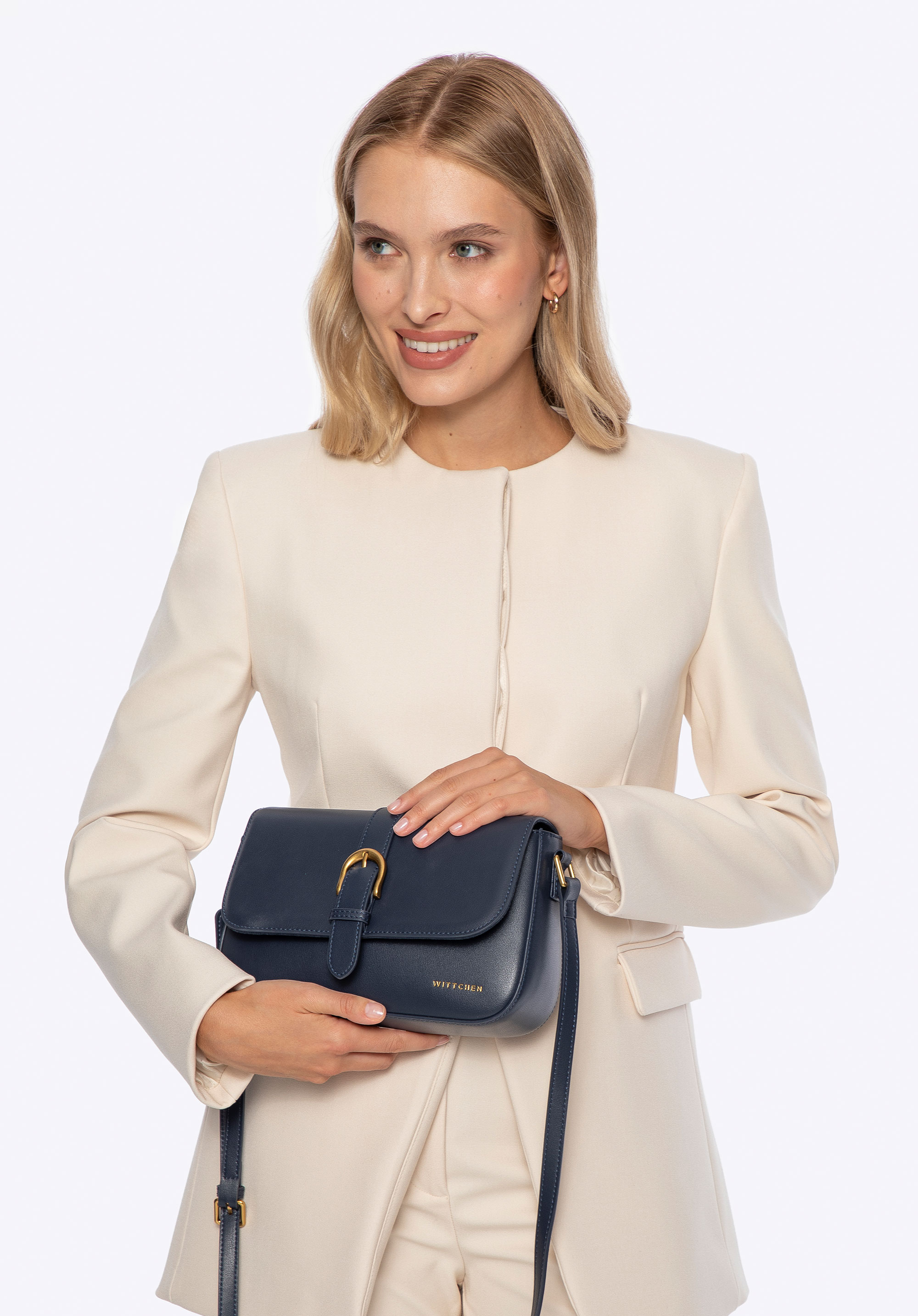 Umhängetasche aus Leder mit dekorativem Gürtel, dunkelblau, 101-4E-601-7, Bild 1