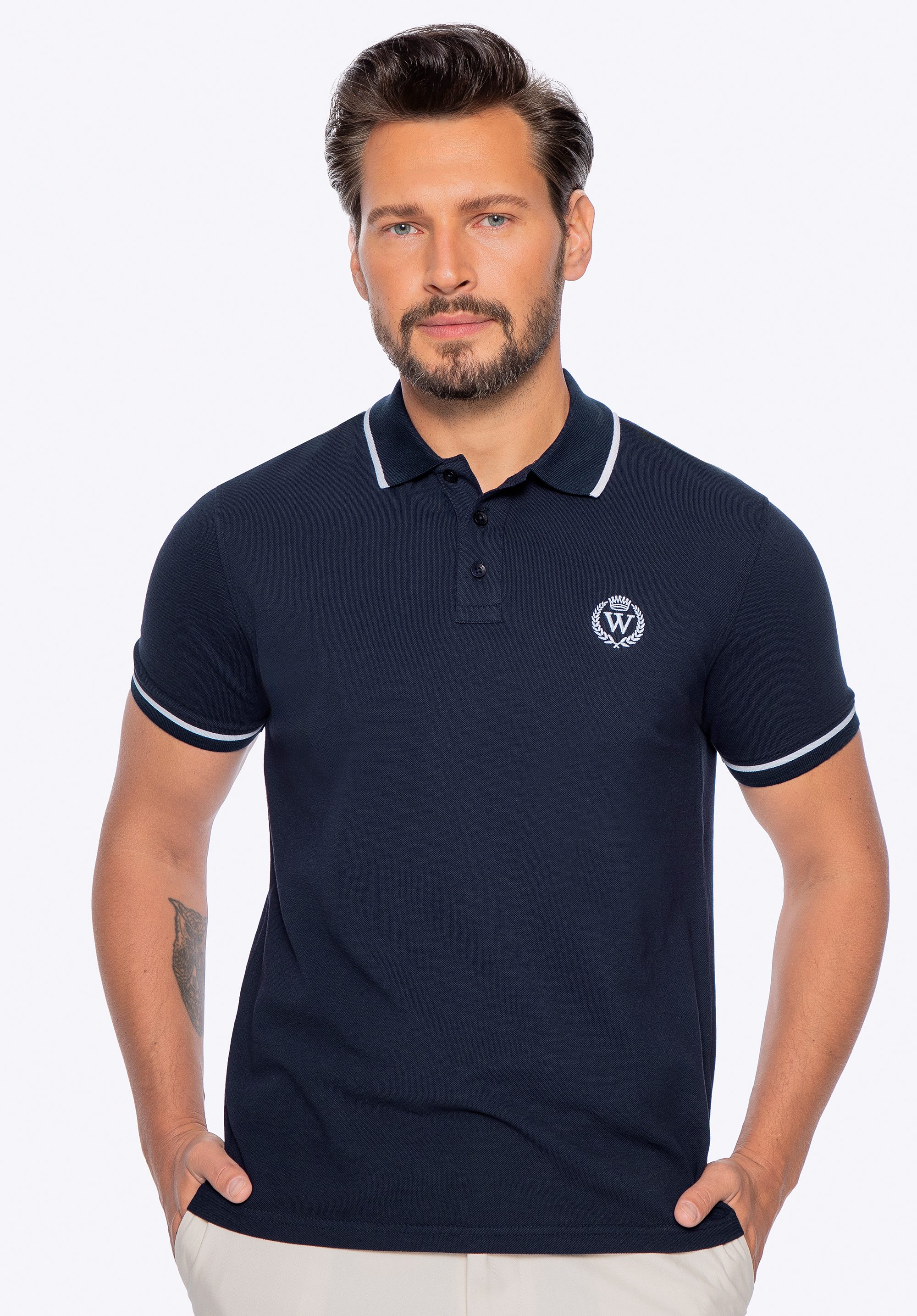 Herren-Poloshirt aus Baumwolle mit Kontrastbesatz, dunkelblau-weiß, M0-99-102-N-M, Bild 1