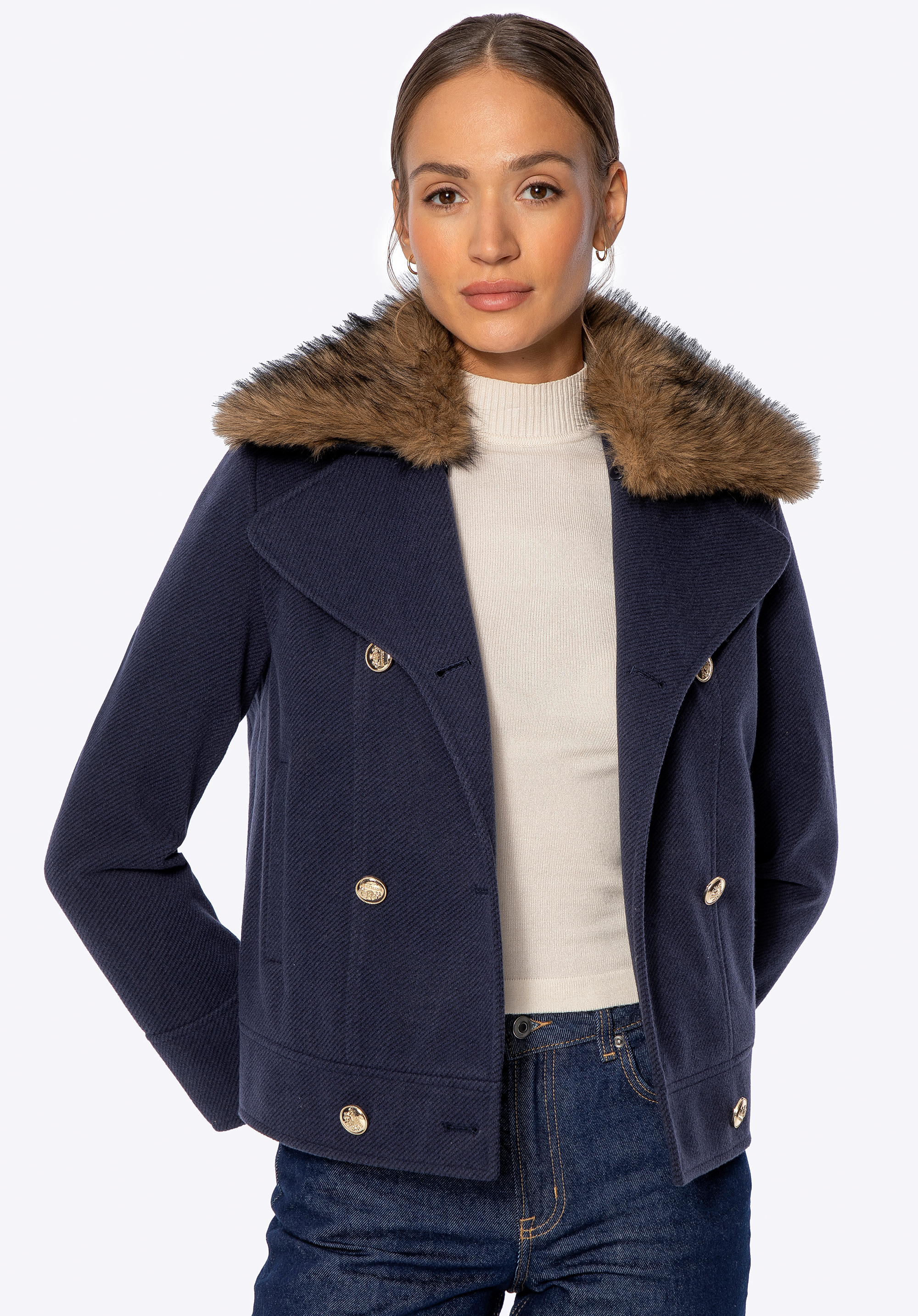 Zweireihige Jacke mit abnehmbarem Kunstfell, dunkelblau, 101-9X-303-N-XL, Bild 1
