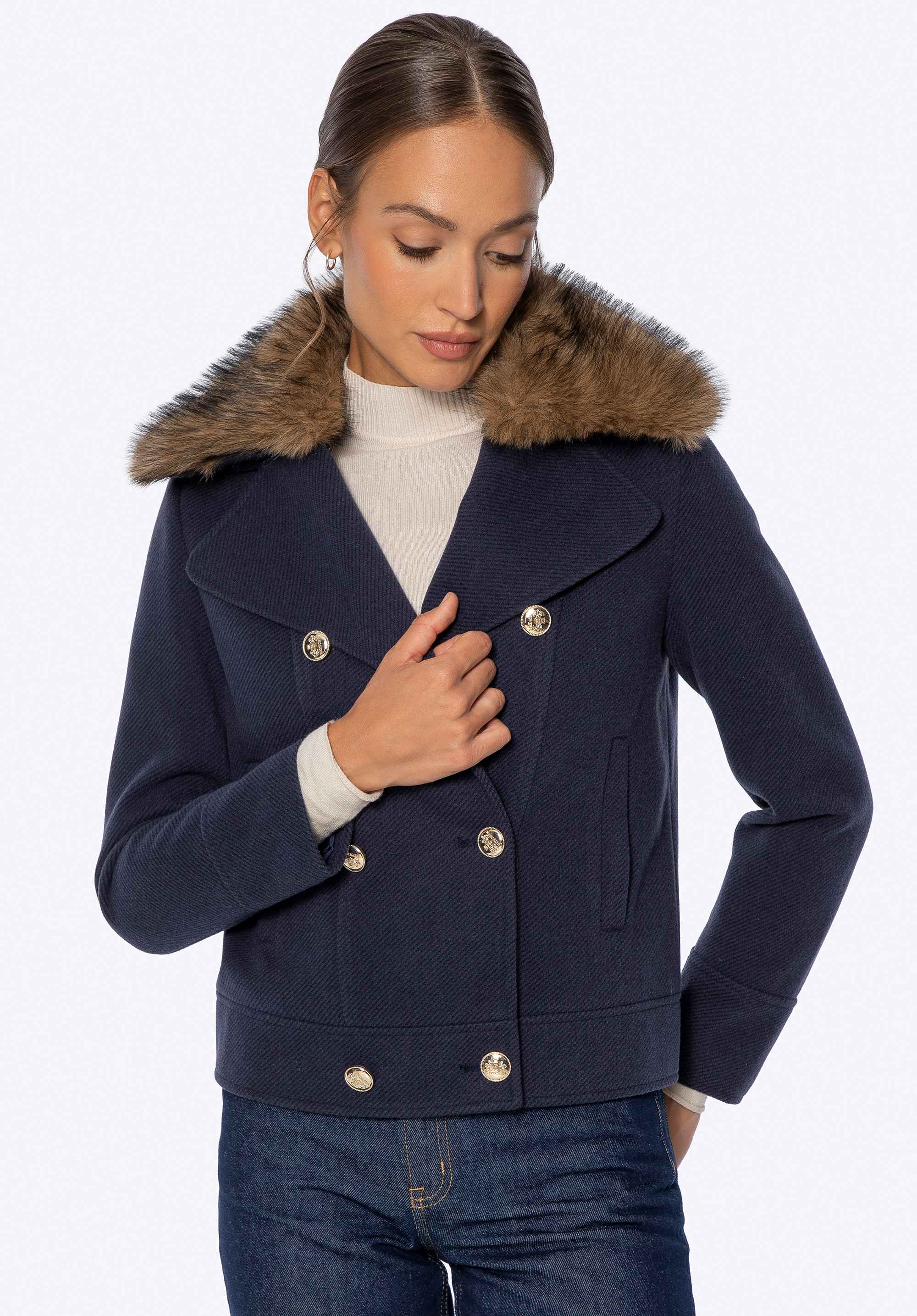 Zweireihige Jacke mit abnehmbarem Kunstfell, dunkelblau, 101-9X-303-N-XL, Bild 1