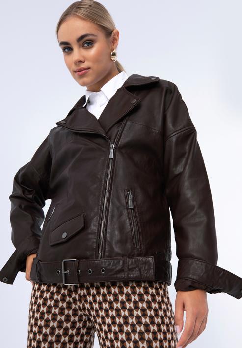 Bikerjacke aus Leder für Damen -Oversize, dunkelbraun, 97-09-201-4-S, Bild 1