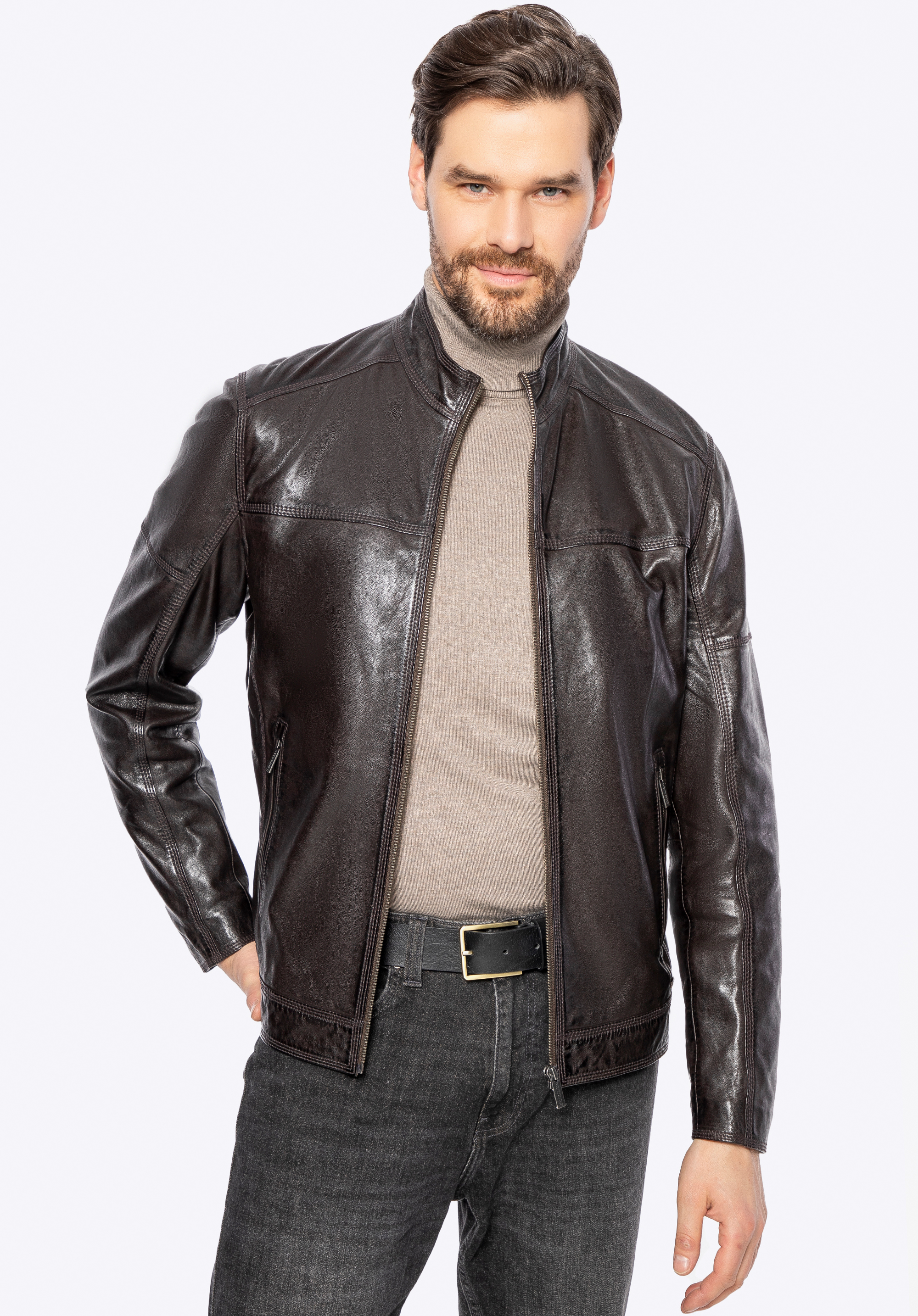 Bikerjacke aus Leder für Herren, dunkelbraun, 100-09-807-4-2XL, Bild 1
