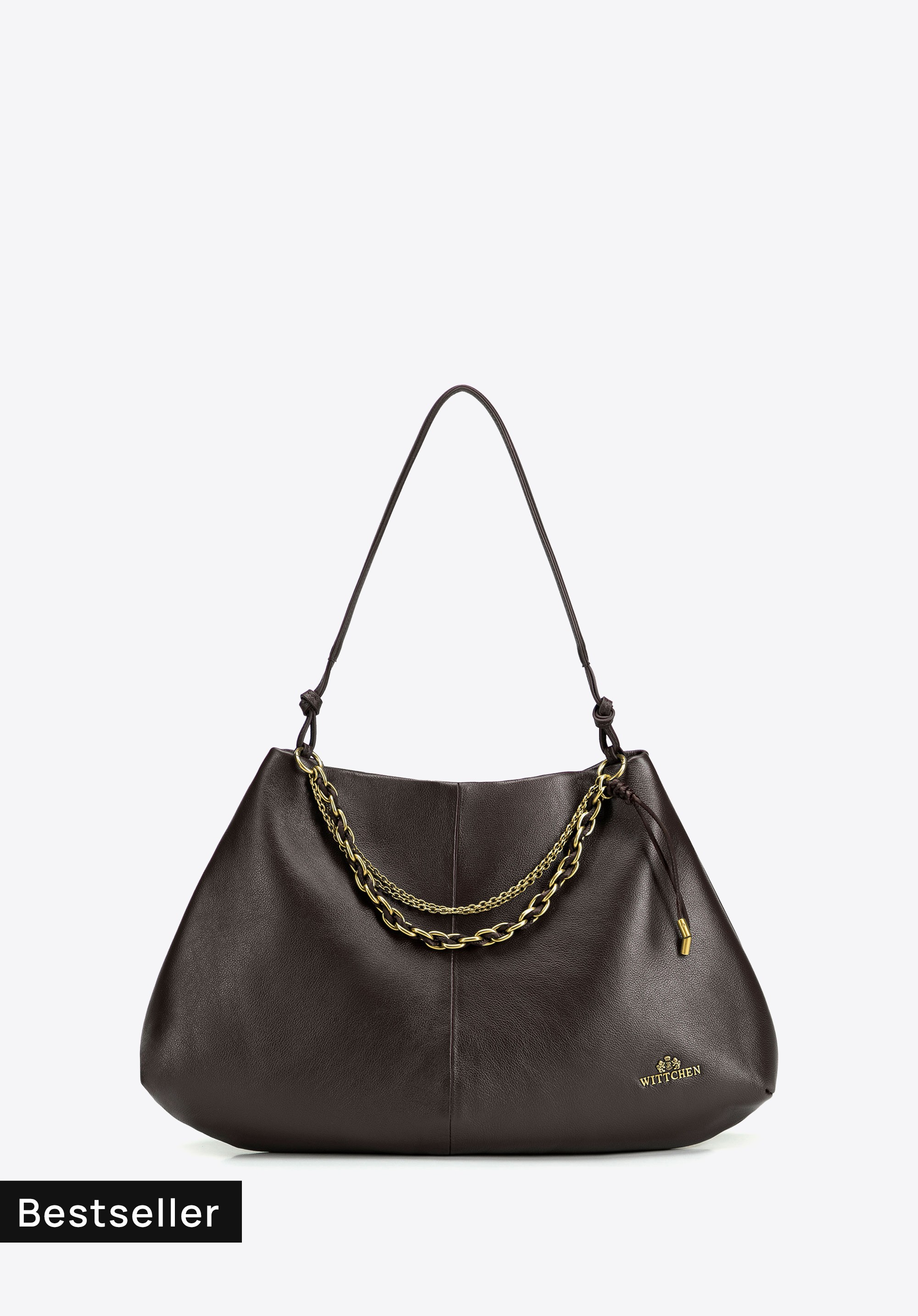 Damen-Hobo-Tasche aus Leder mit Zierketten, dunkelbraun, 103-4E-602-4, Bild 1