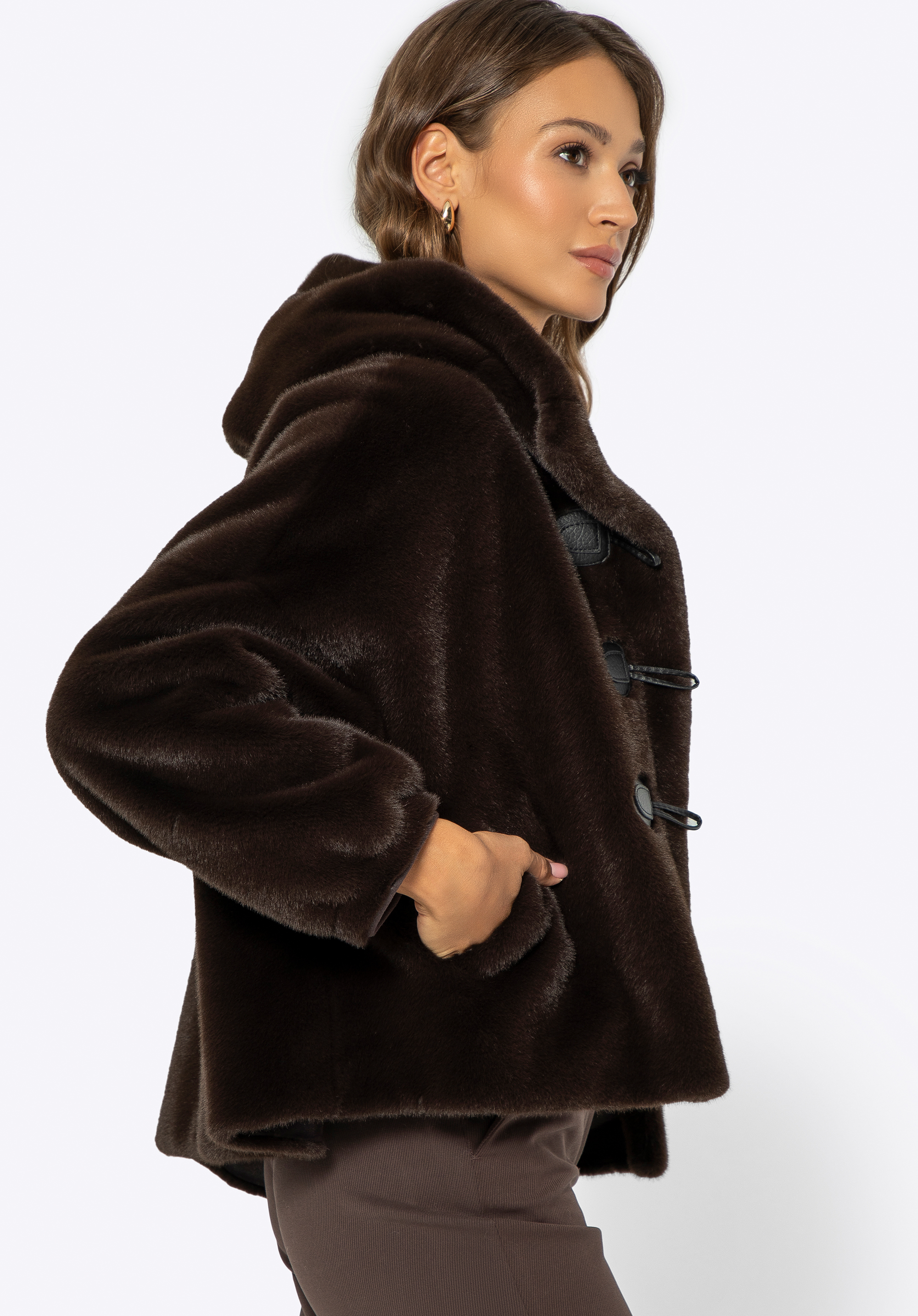 Damen Kunstpelzjacke mit Kordelzug, dunkelbraun, 99-9W-004-4-XL, Bild 1