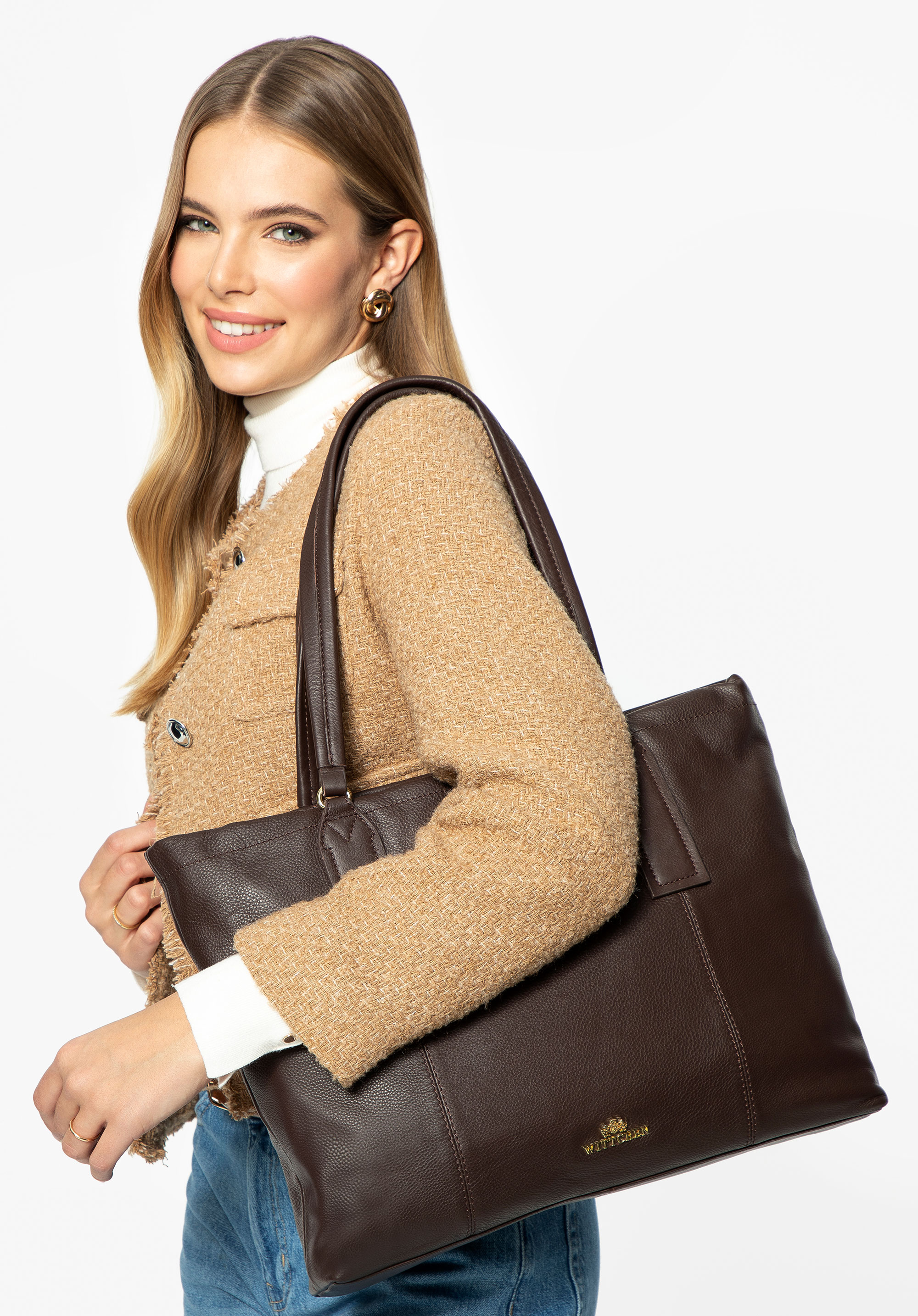 Damen Leder Shopper mit Gesäßtasche, dunkelbraun, 99-4E-017-4, Bild 1