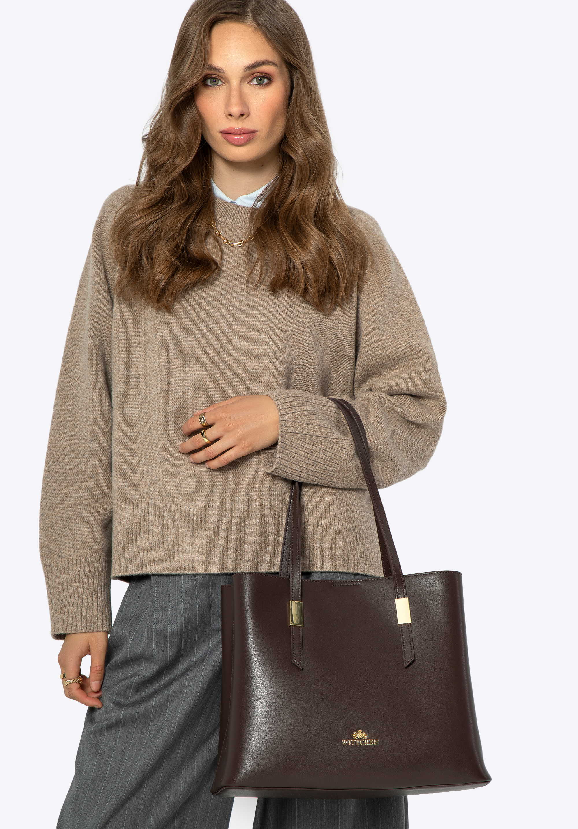 Damen Leder Shopper mit Hardware, dunkelbraun, 99-4E-623-4, Bild 1