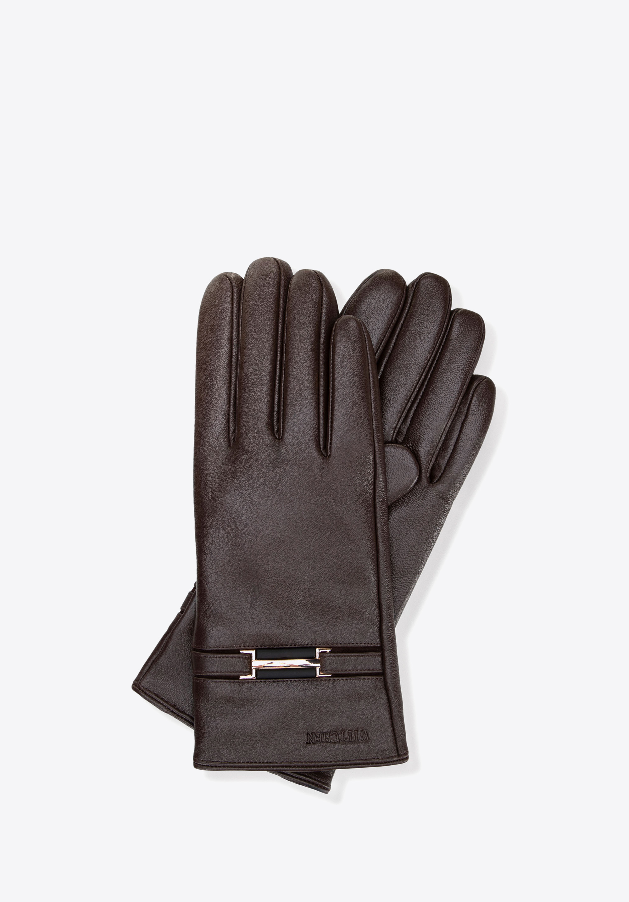 Damen-Lederhandschuhe mit dekorativem Riemendetail, dunkelbraun, 44-6A-059-4-S, Bild 1