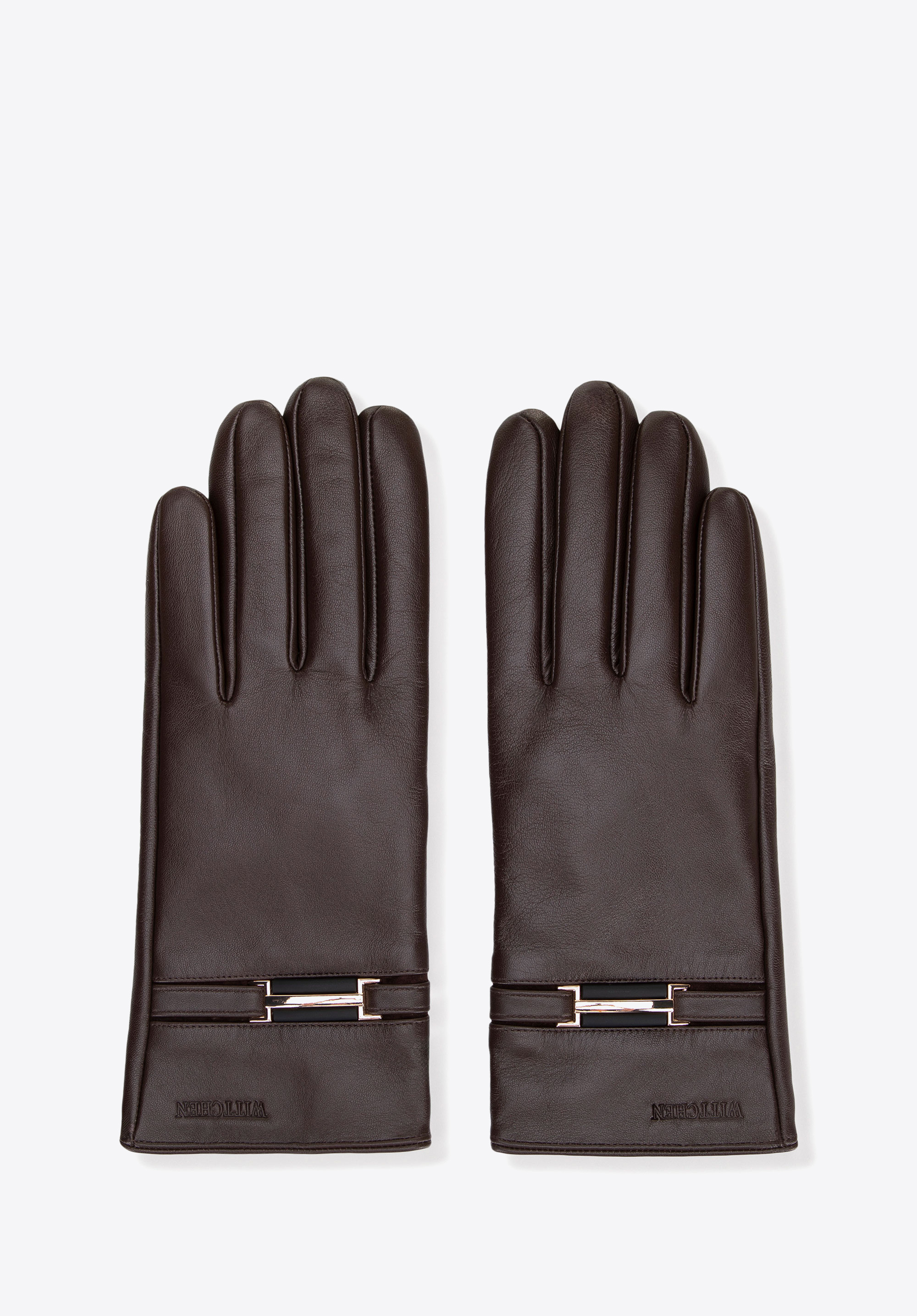 Damen-Lederhandschuhe mit dekorativem Riemendetail, dunkelbraun, 44-6A-059-4-S, Bild 1