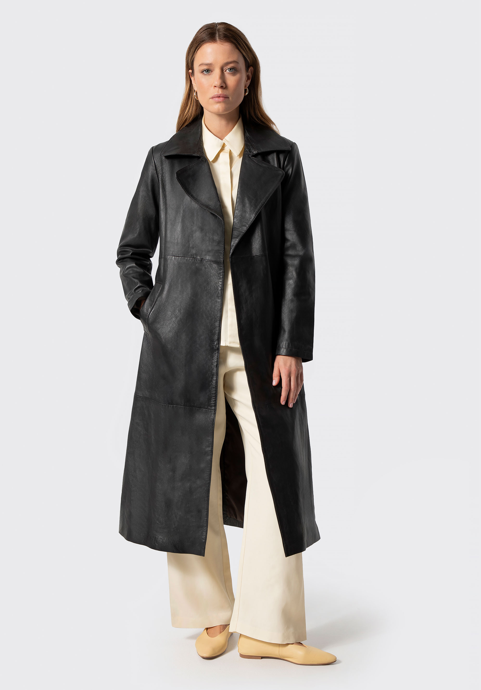 Damen Ledermantel mit Gürtel, dunkelbraun, 100-09-811-4-XL, Bild 1