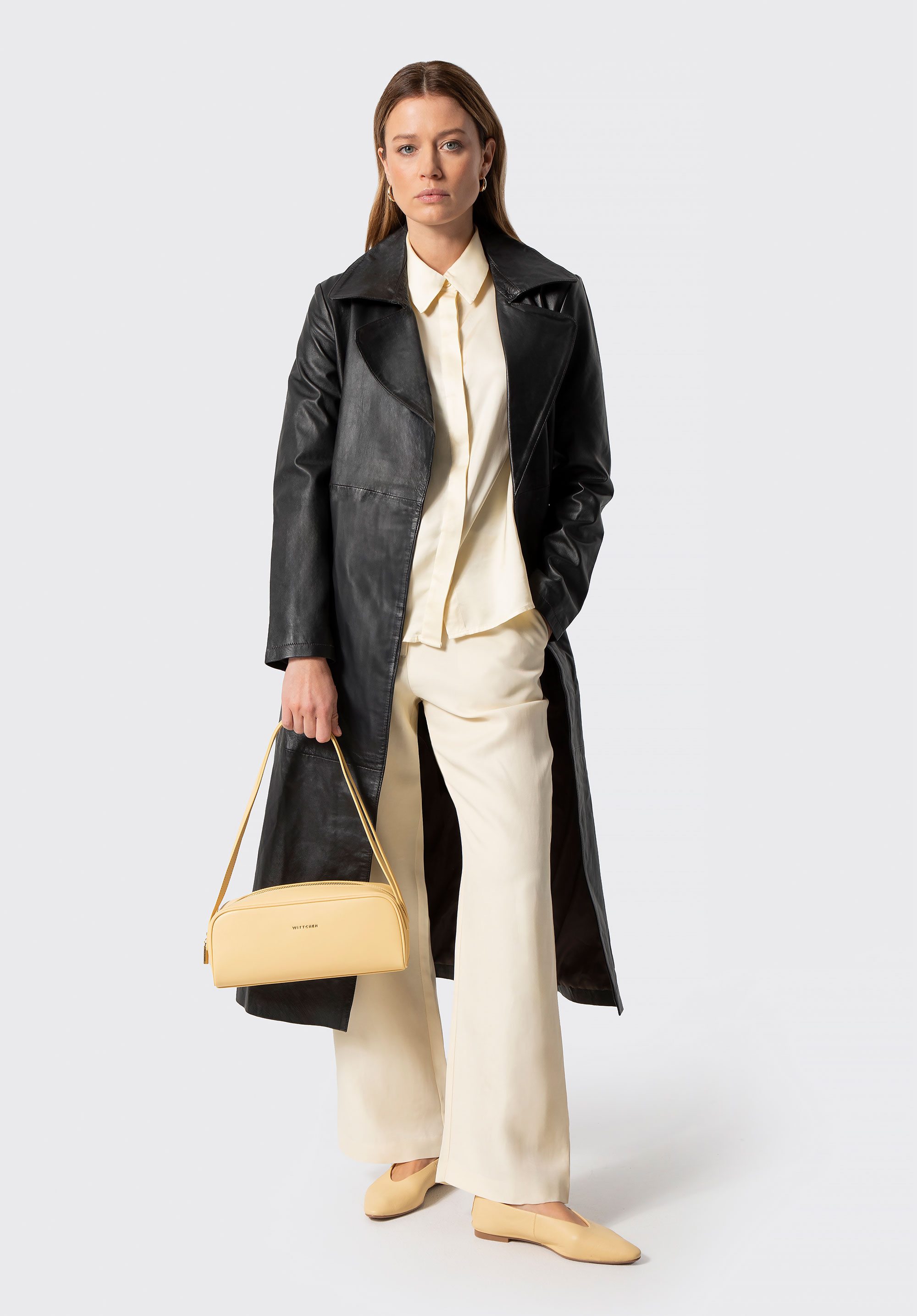 Damen Ledermantel mit Gürtel, dunkelbraun, 100-09-811-4-XL, Bild 1