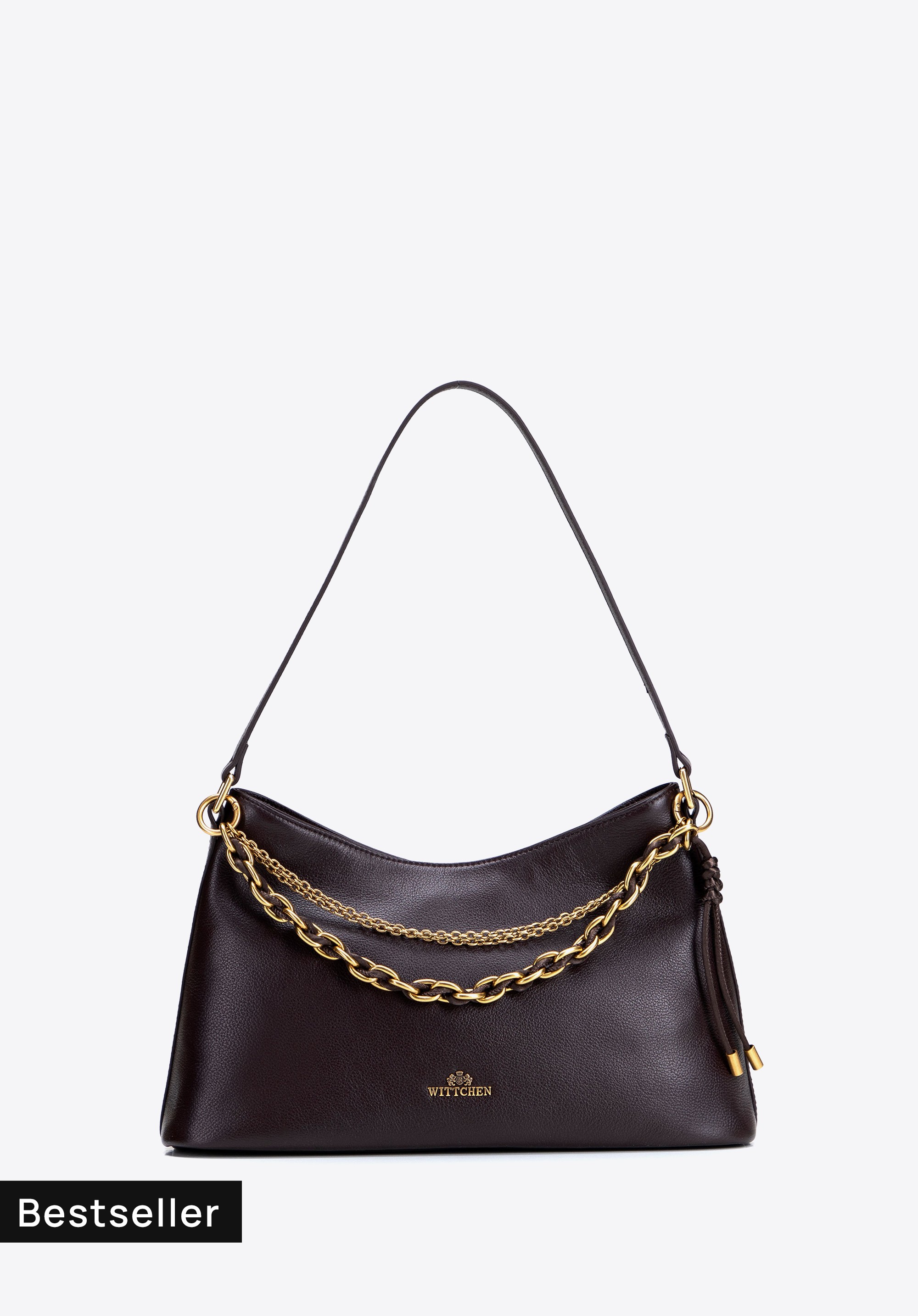 Damen-Schultertasche aus Leder mit Zierketten, dunkelbraun, 103-4E-604-4, Bild 1