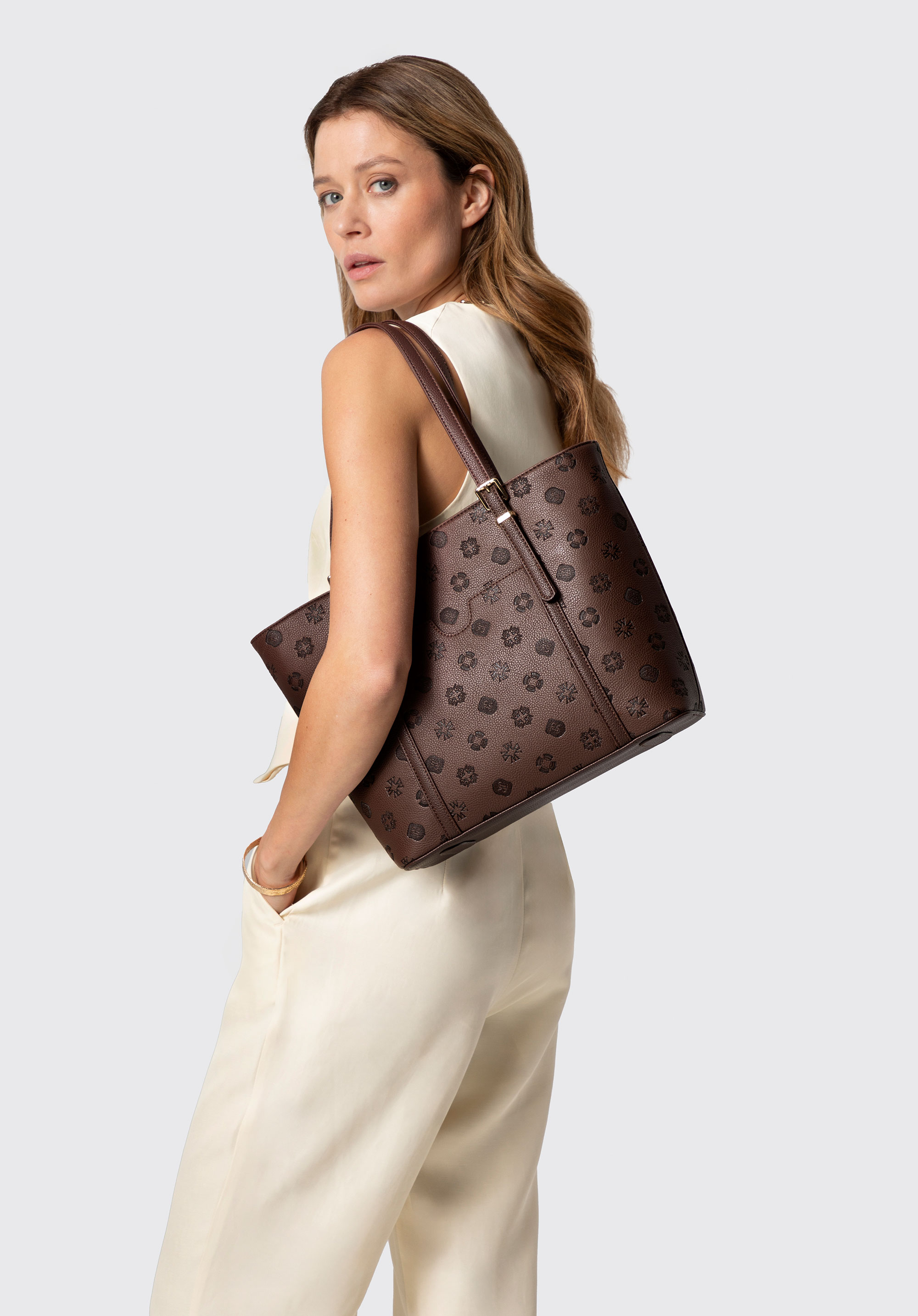 Damen-Shopper aus Kunstleder mit Prägung, dunkelbraun, 101-4Y-P05-4, Bild 1