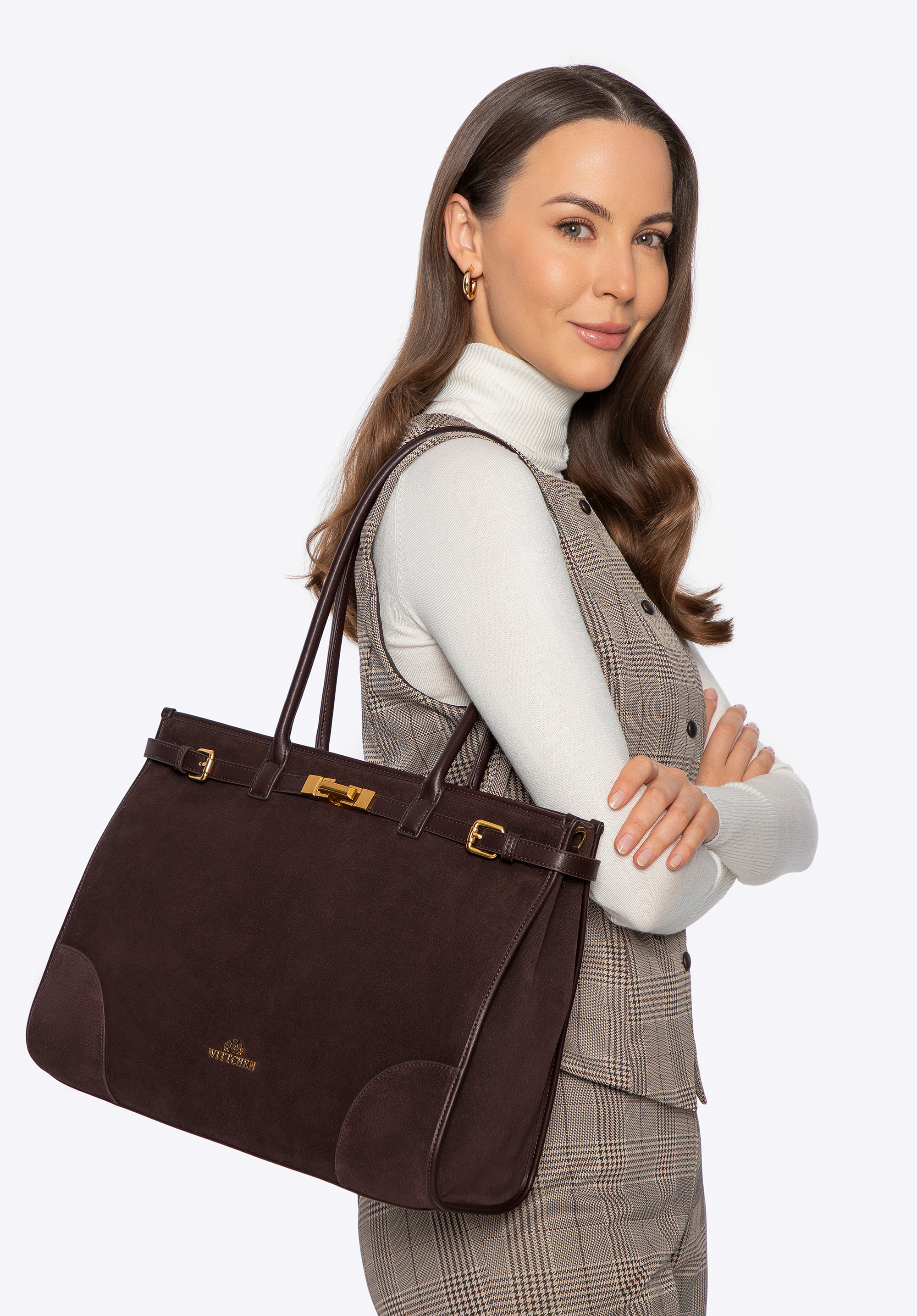 Damen-Shopper aus Wildleder, dunkelbraun, 101-4E-203-4, Bild 1