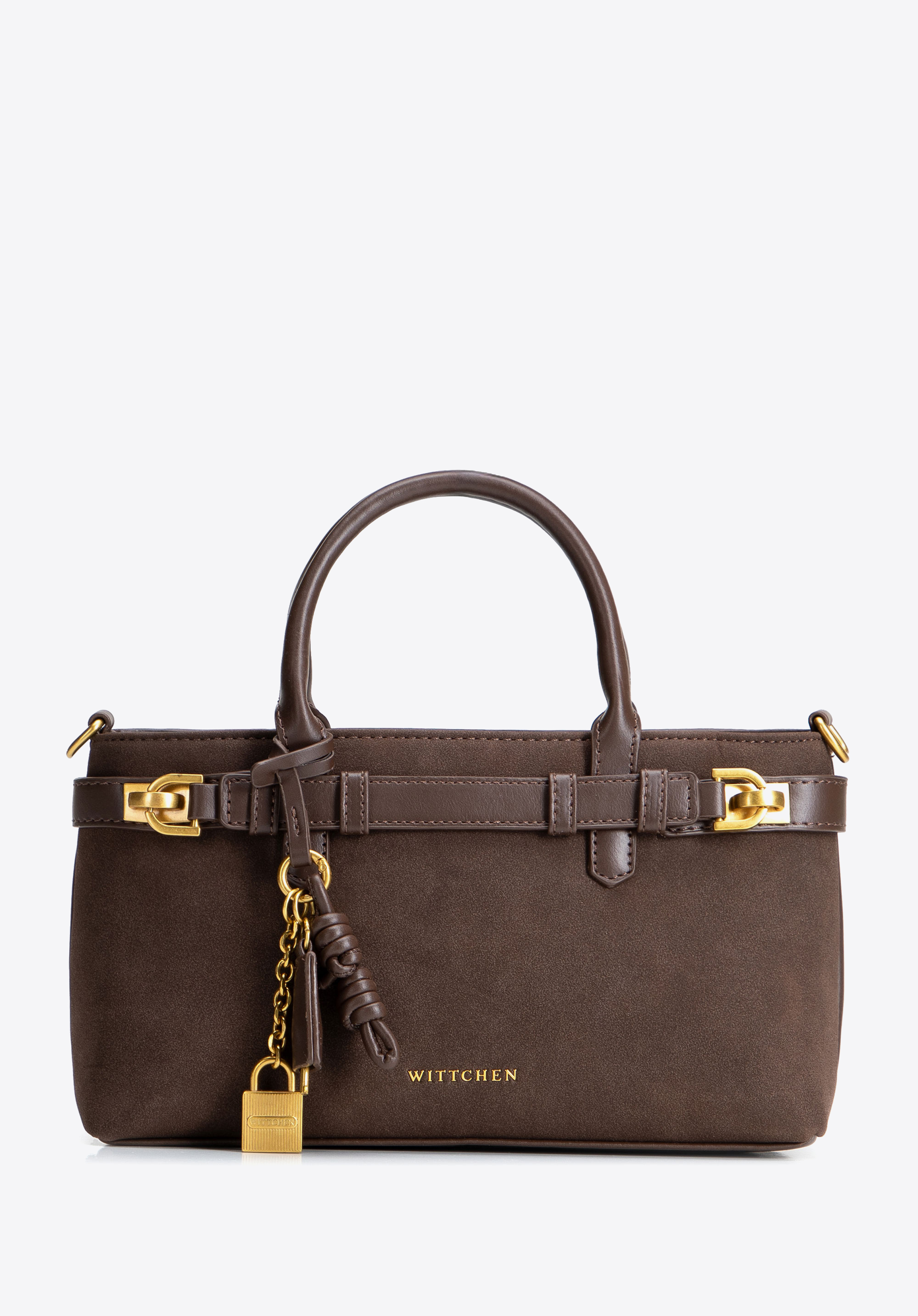 Damen-Tragetasche aus kontrastierenden Materialien mit dekorativem Charme, dunkelbraun, 104-4Y-507-4, Bild 1