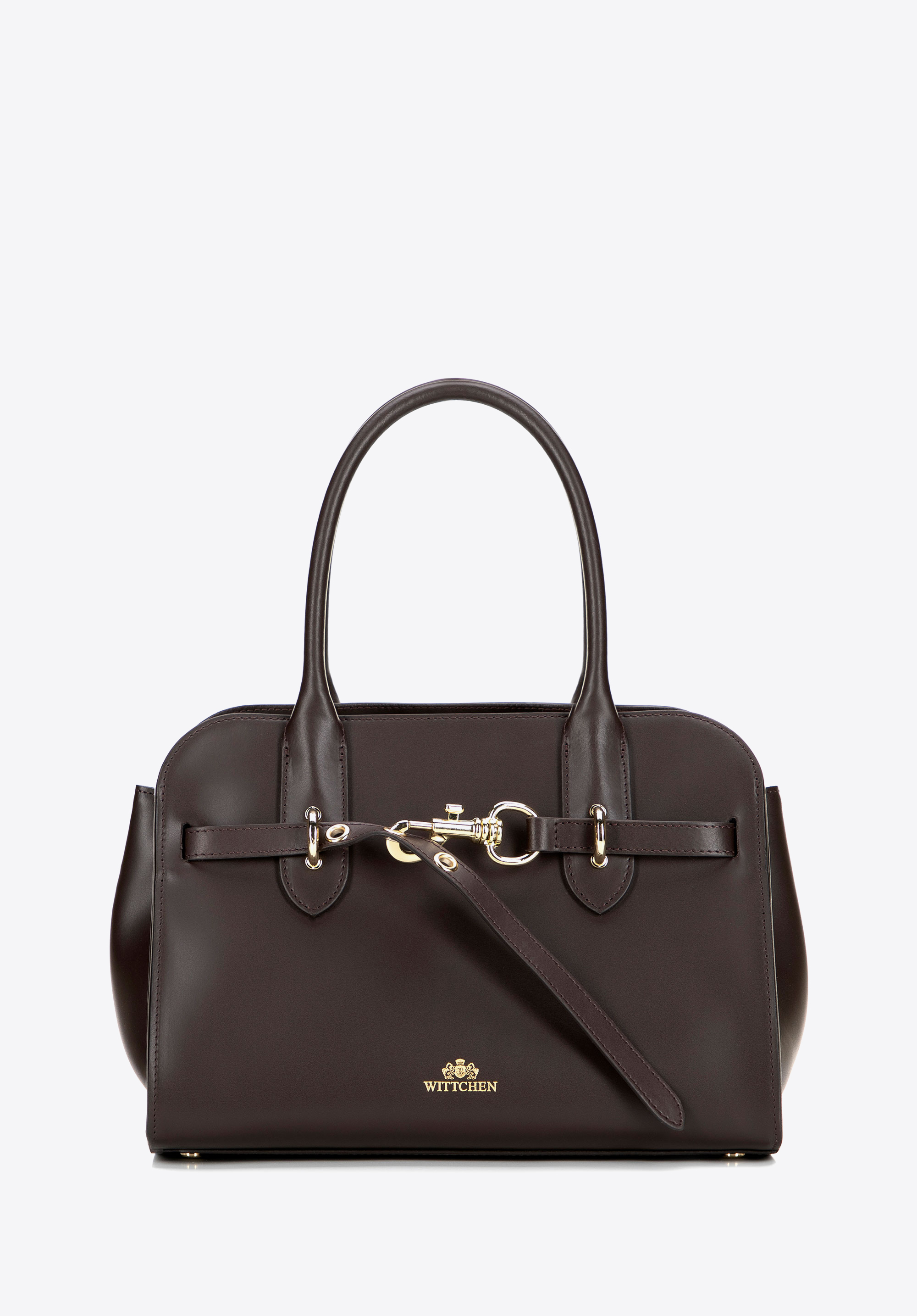 Damenhandtasche aus Leder mit dekorativem Verschluss, dunkelbraun, 102-4E-001-4, Bild 1