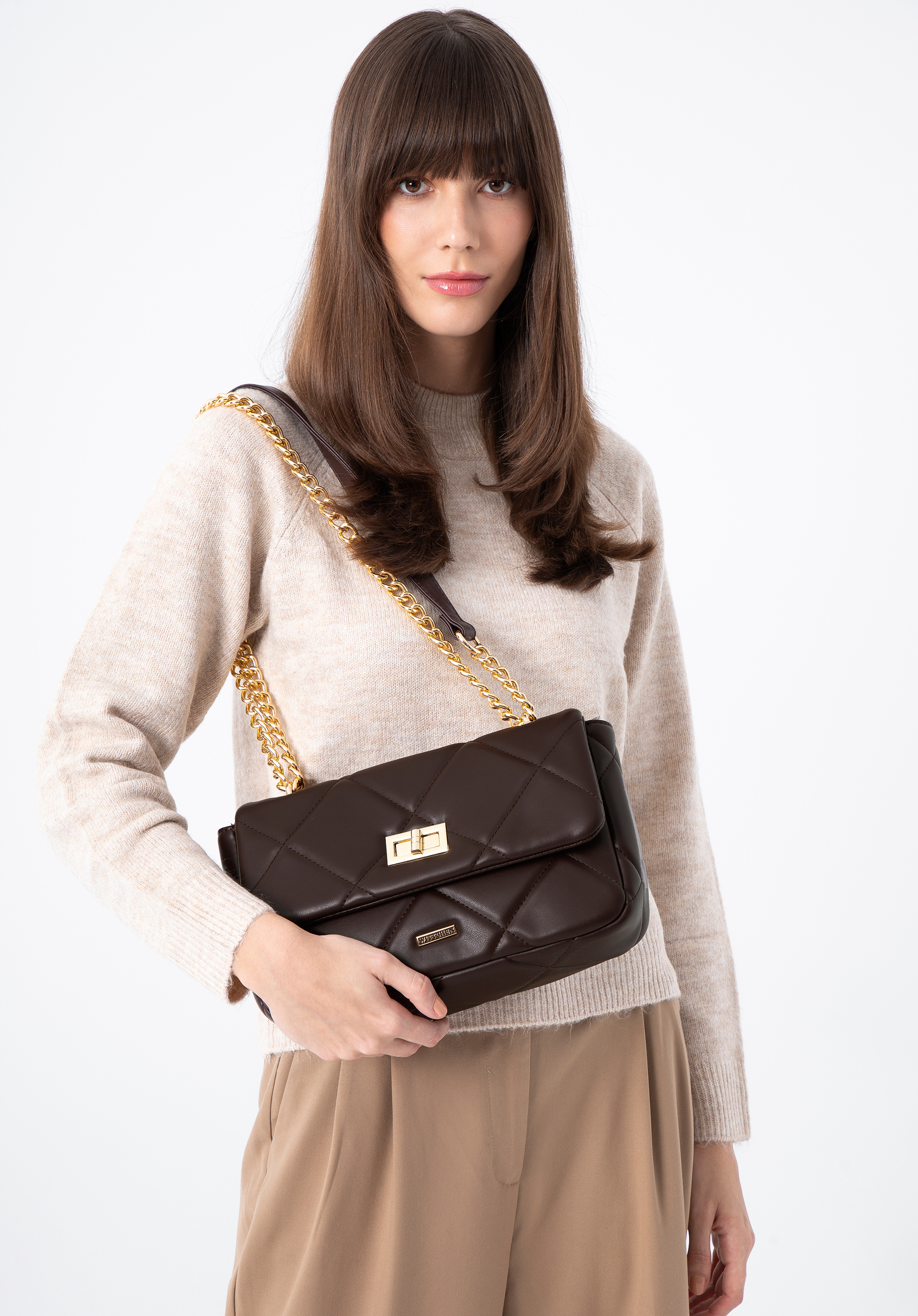 Die gesteppte, quadratische Kettenhandtasche, dunkelbraun, 97-4Y-229-4, Bild 1