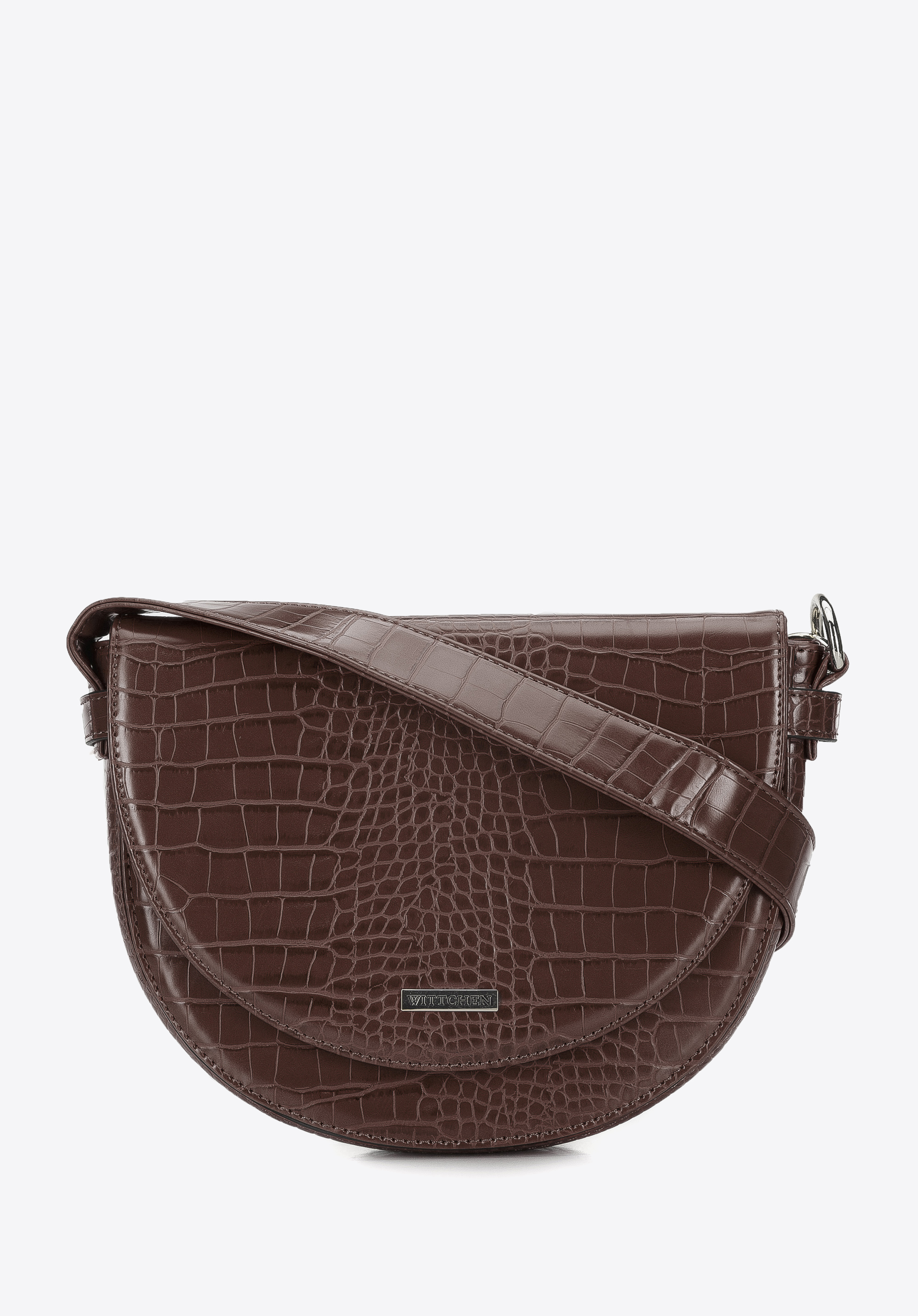 Halbrunde Damenhandtasche aus Ökoleder mit Kette, dunkelbraun, 94-4Y-721-5, Bild 1