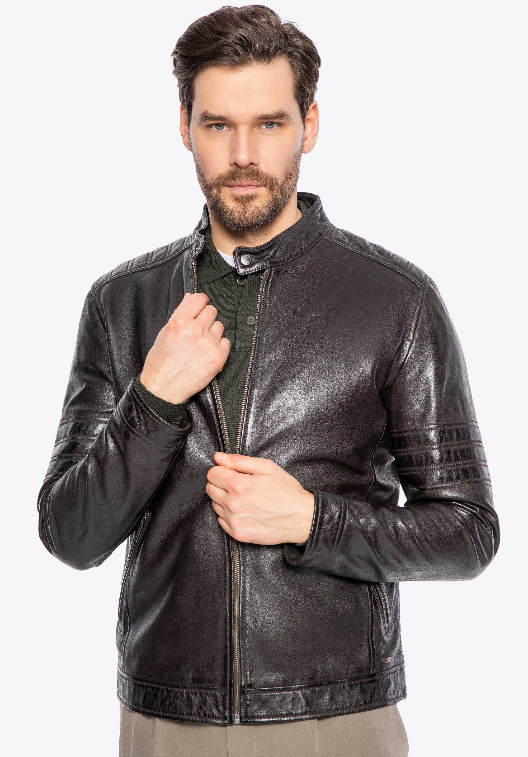 Herren Bikerjacke aus Leder mit Nähten, dunkelbraun, 100-09-808-4-S, Bild 1