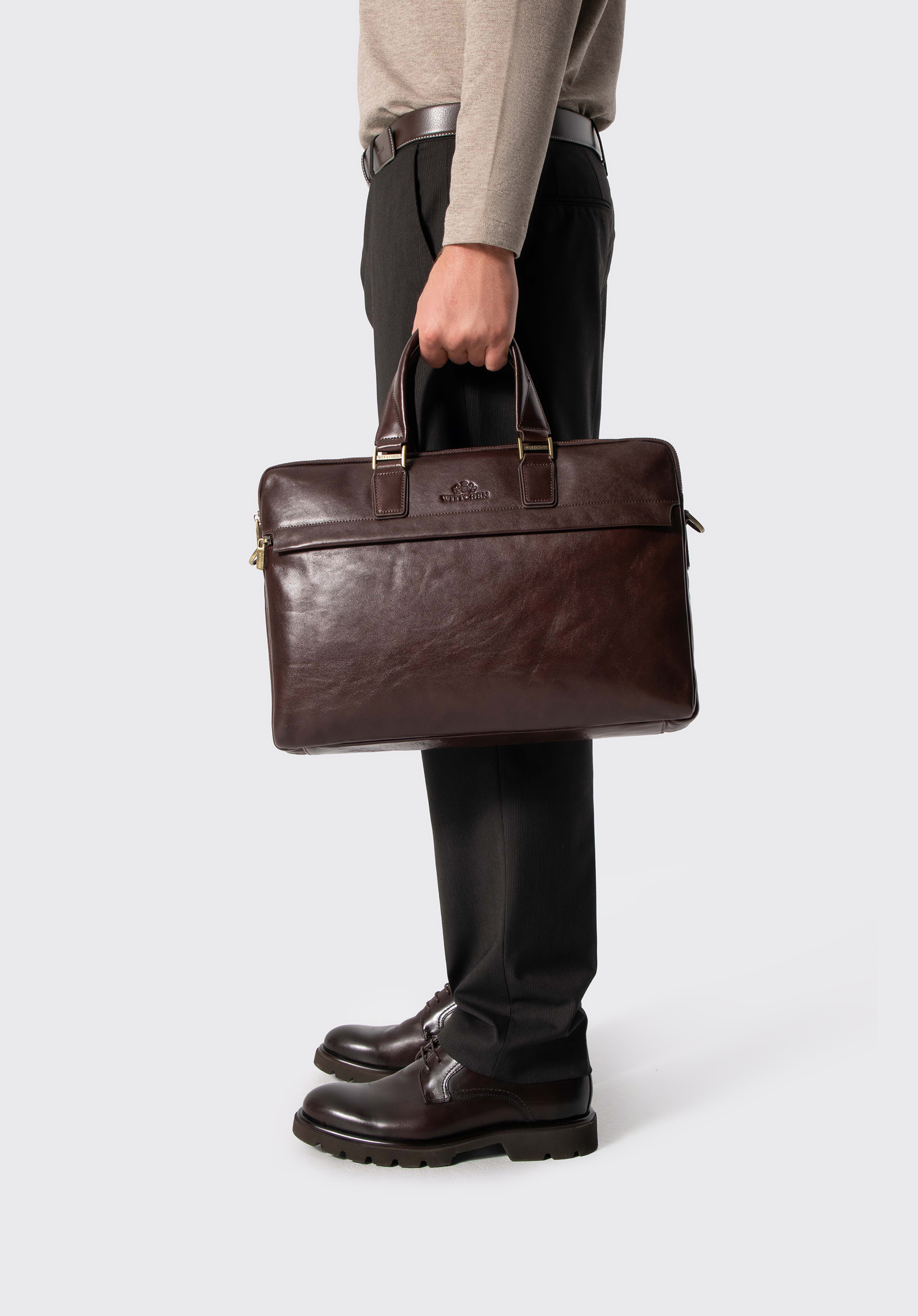 Herren-Laptoptasche aus Leder (15,6 Zoll) mit verstellbarem Riemen, dunkelbraun, 103-3U-007-4, Bild 1