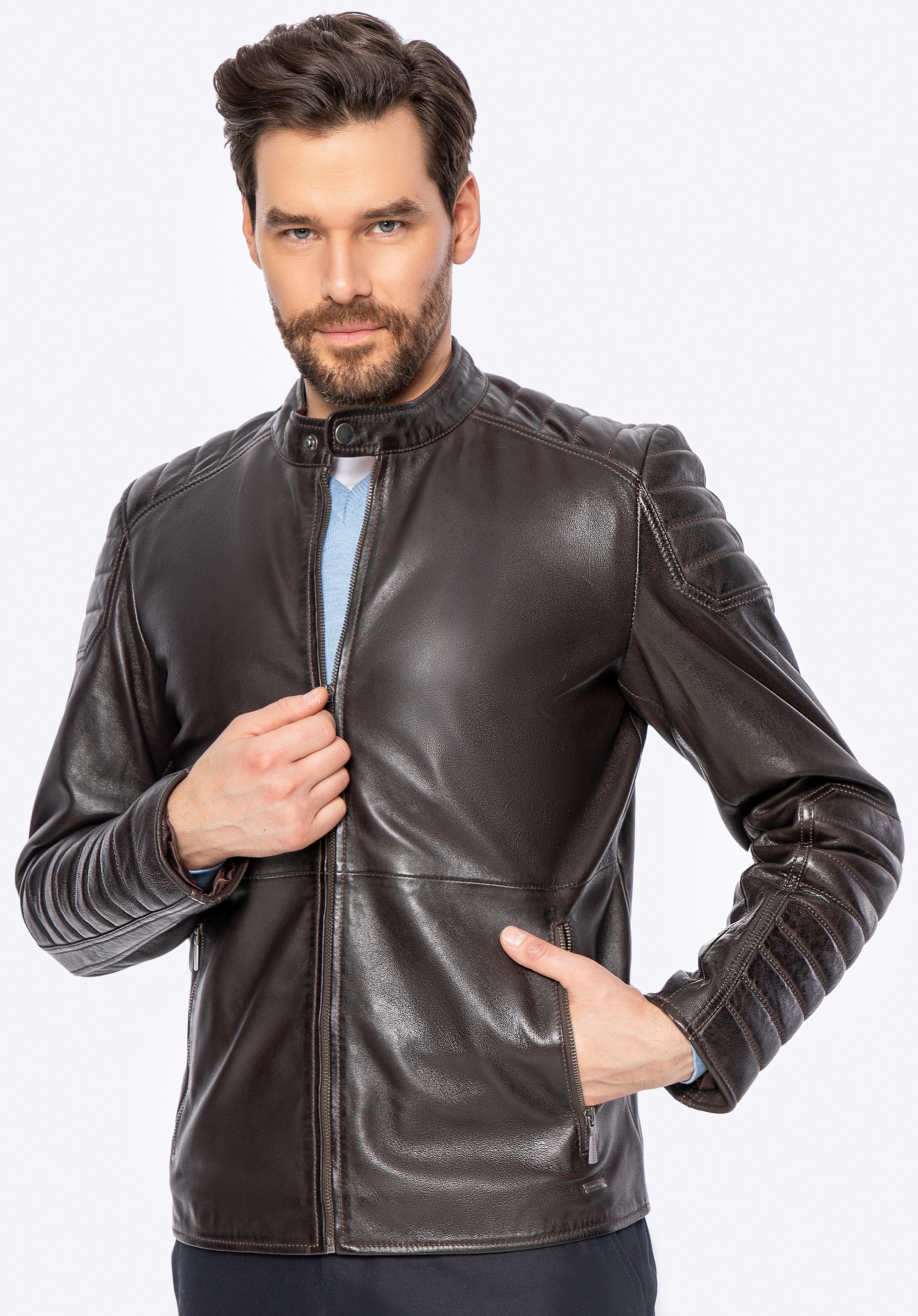 Herren Lederjacke mit gesteppten Einsätzen, dunkelbraun, 100-09-410-4-2XL, Bild 1