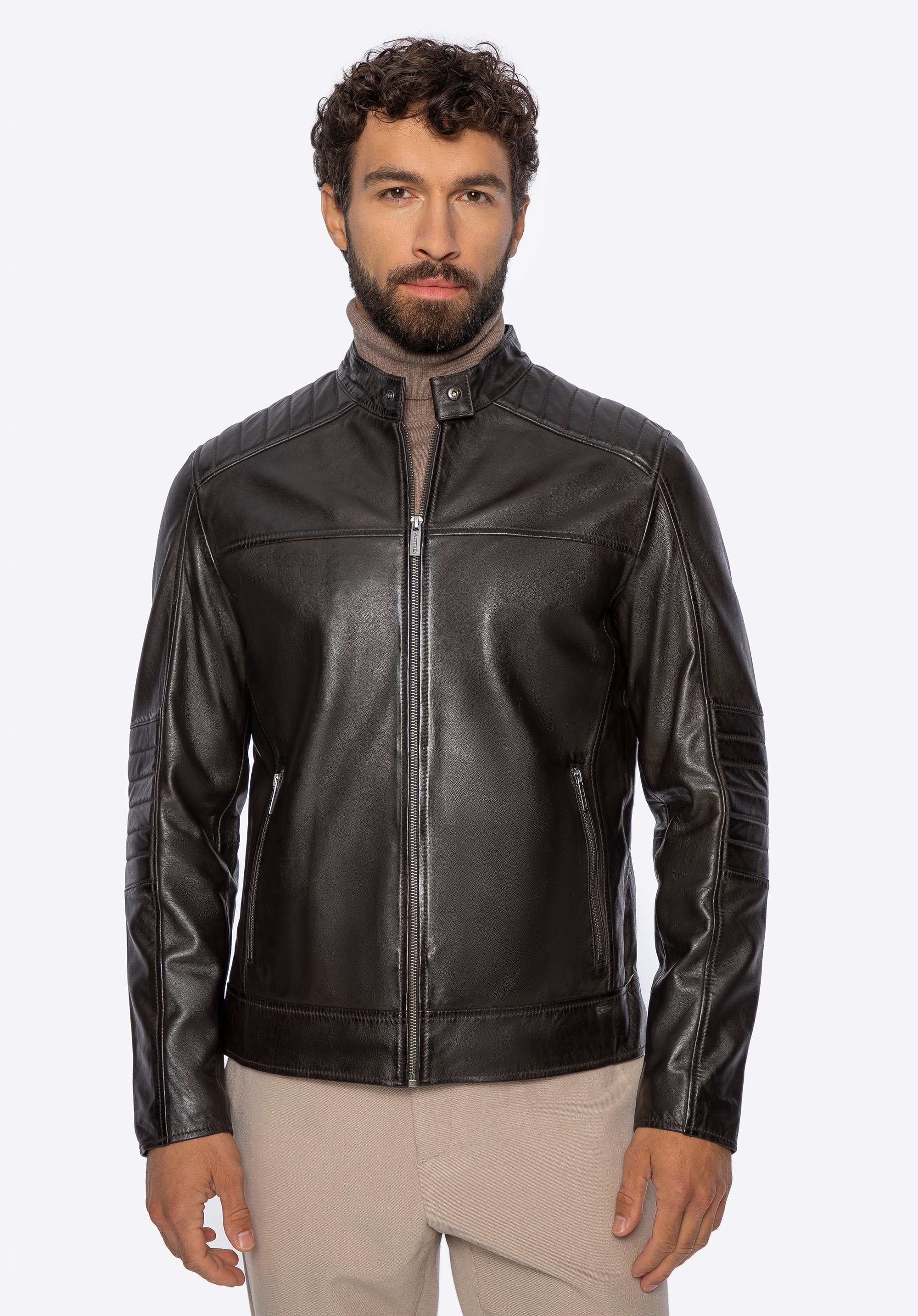 Herren Lederjacke mit Stehkragen, dunkelbraun, 101-09-852-4-S, Bild 1